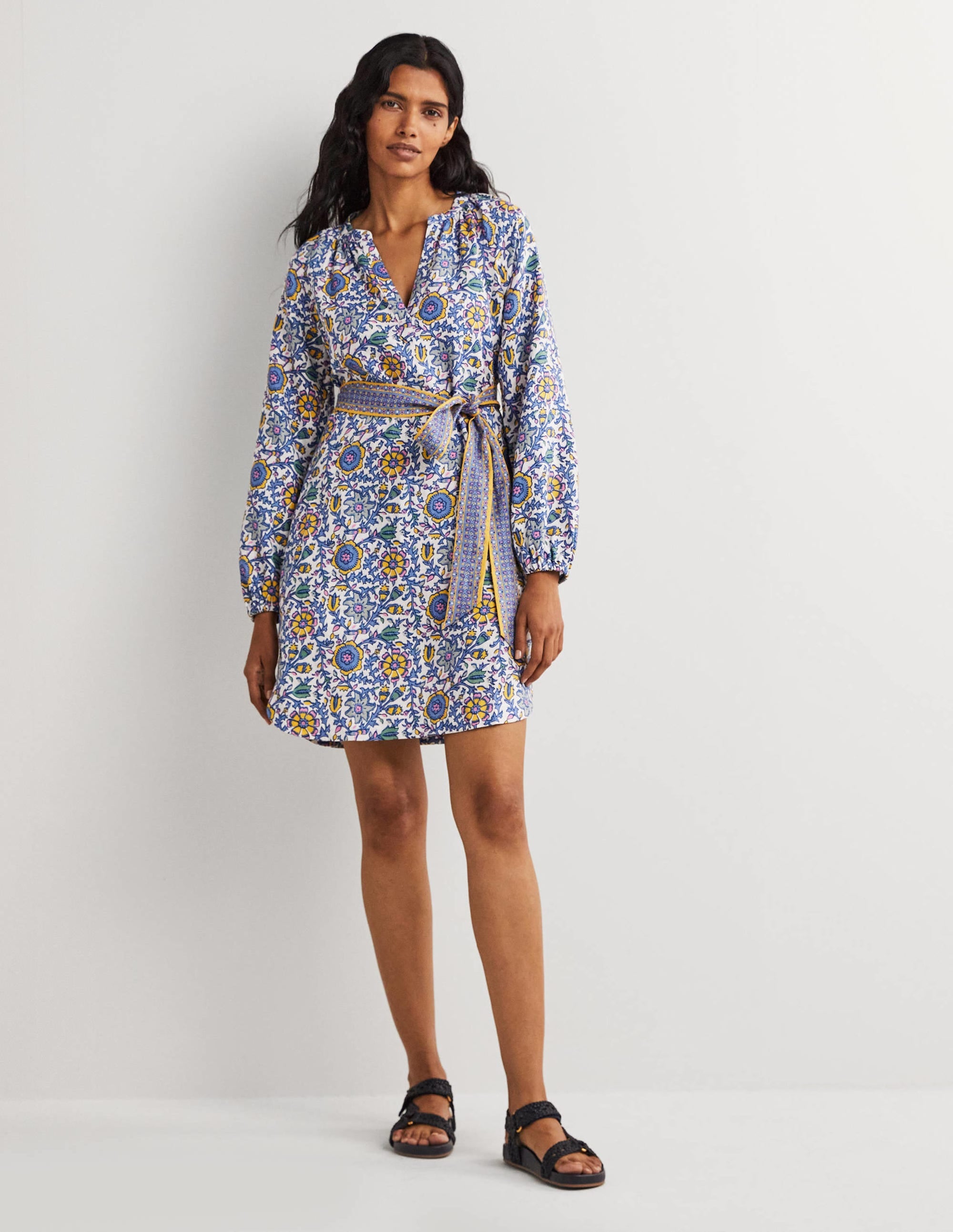Notch Neck Linen Mini Dress-Riviera Blue, Enchanting Twig - Image 5