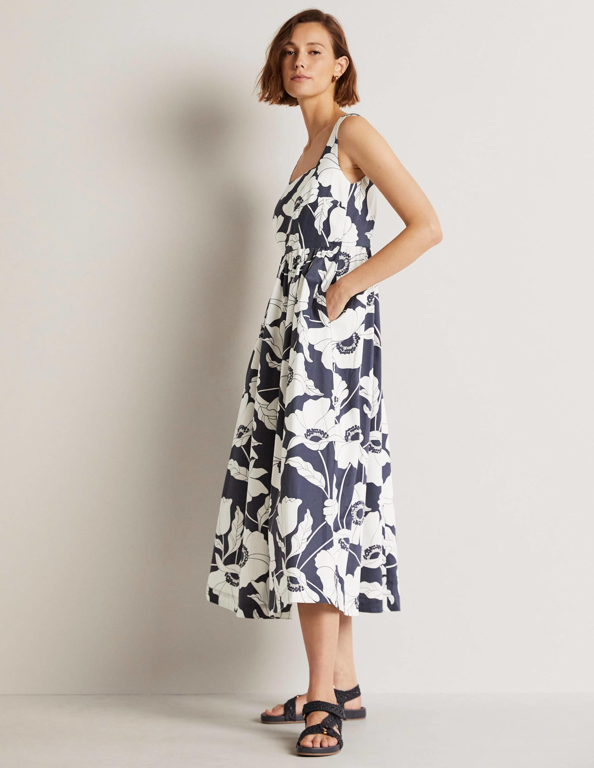 Violet Square Neck Midi Dress-Navy, Elegant Vine - Image 1