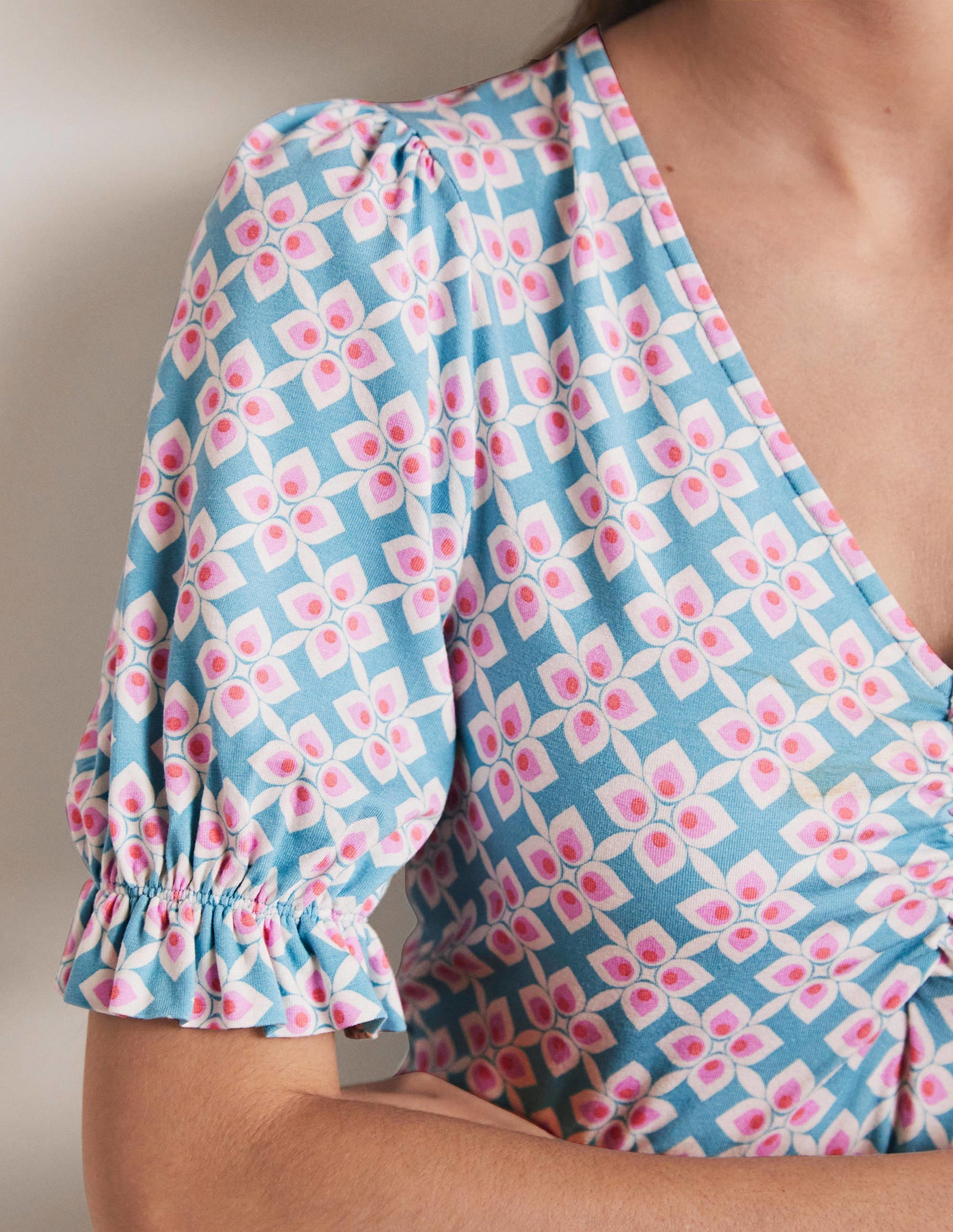V-Neck Jersey Dress-Coastal Shade, Diamond Leaf-6
