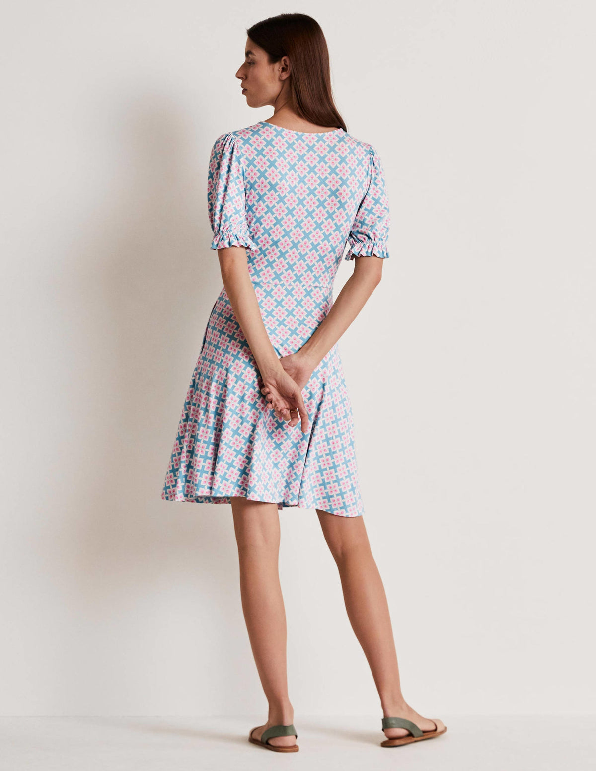 V-Neck Jersey Dress-Coastal Shade, Diamond Leaf-7