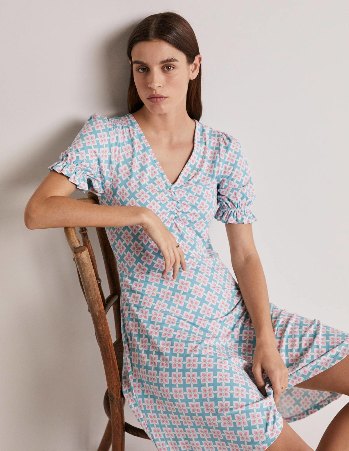 V-Neck Jersey Dress-Coastal Shade, Diamond Leaf-8