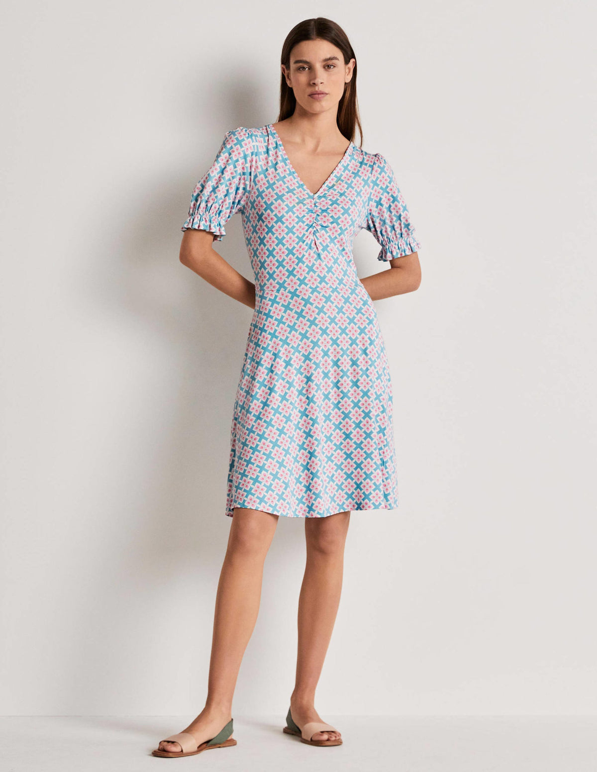 V-Neck Jersey Dress-Coastal Shade, Diamond Leaf-1