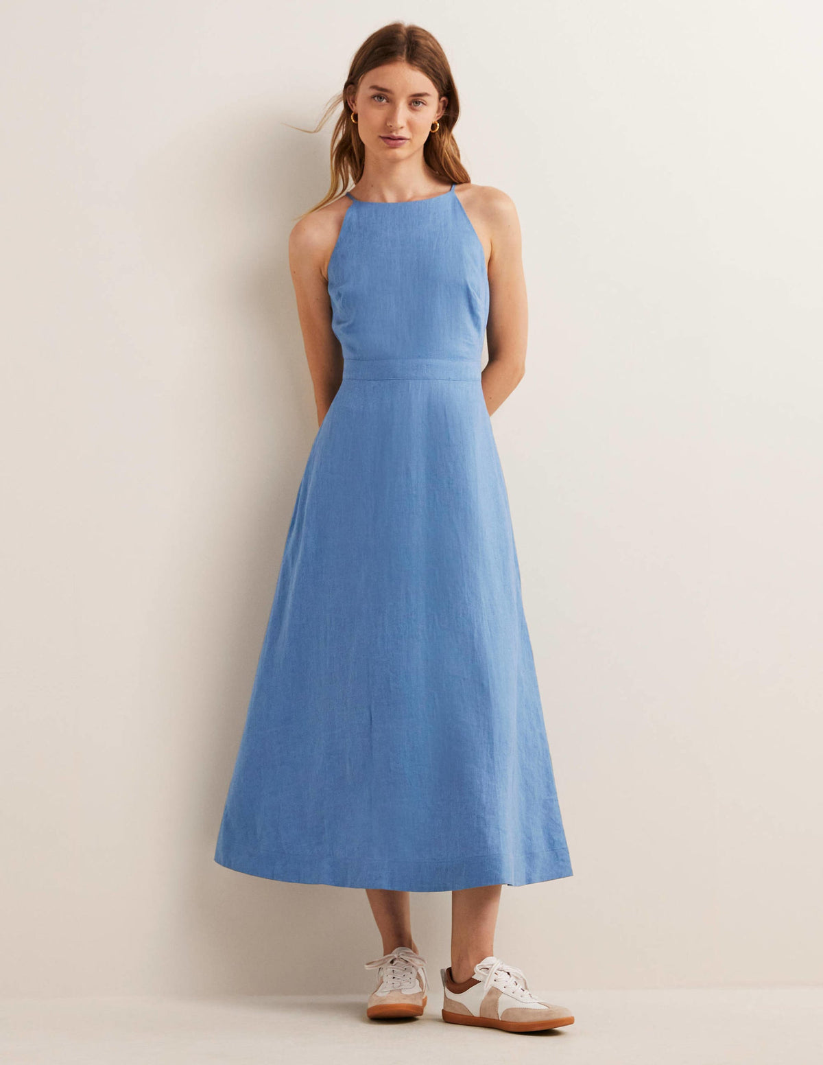 Halterneck Linen Midi Dress-Riviera Blue-1
