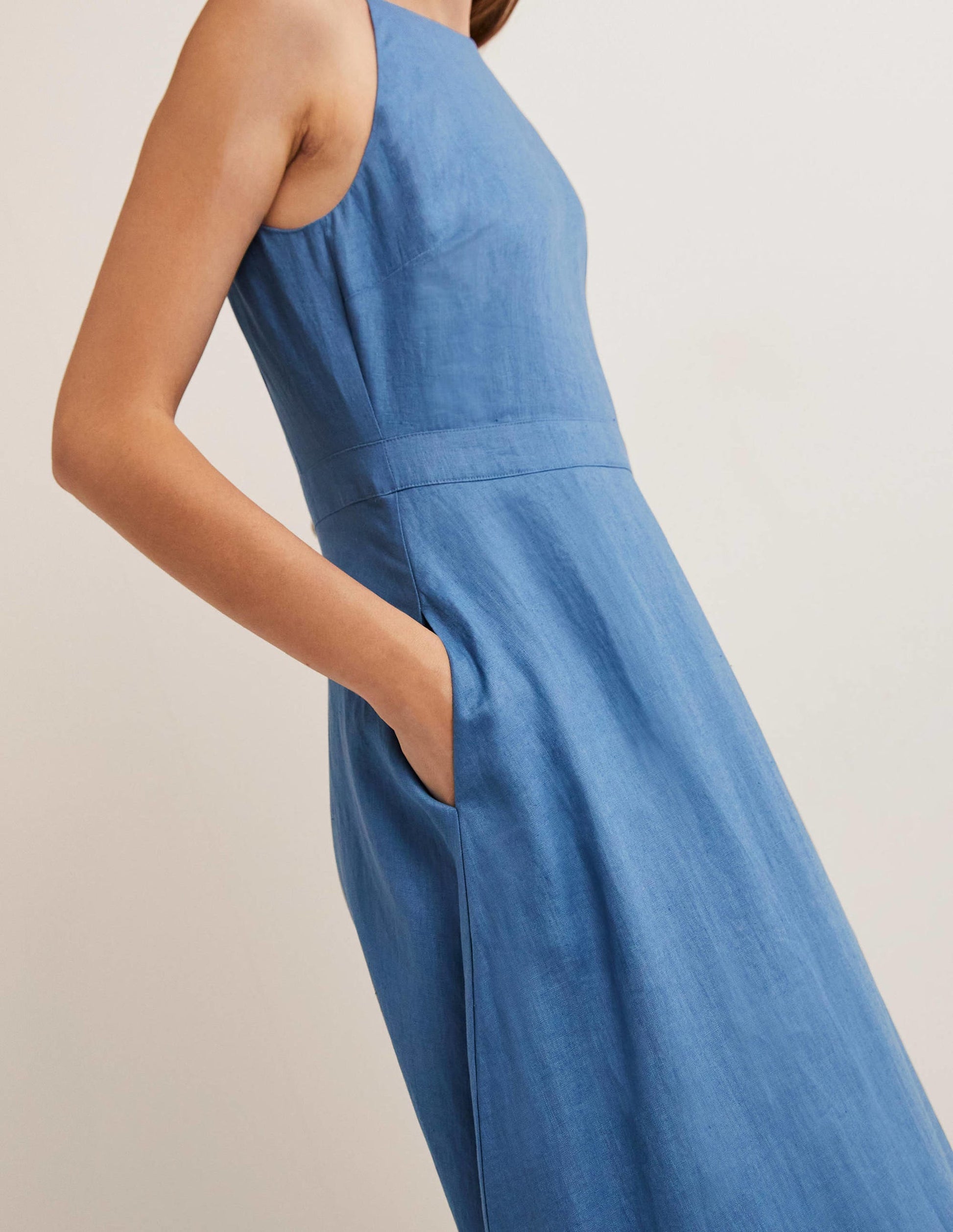 Halterneck Linen Midi Dress-Riviera Blue-2