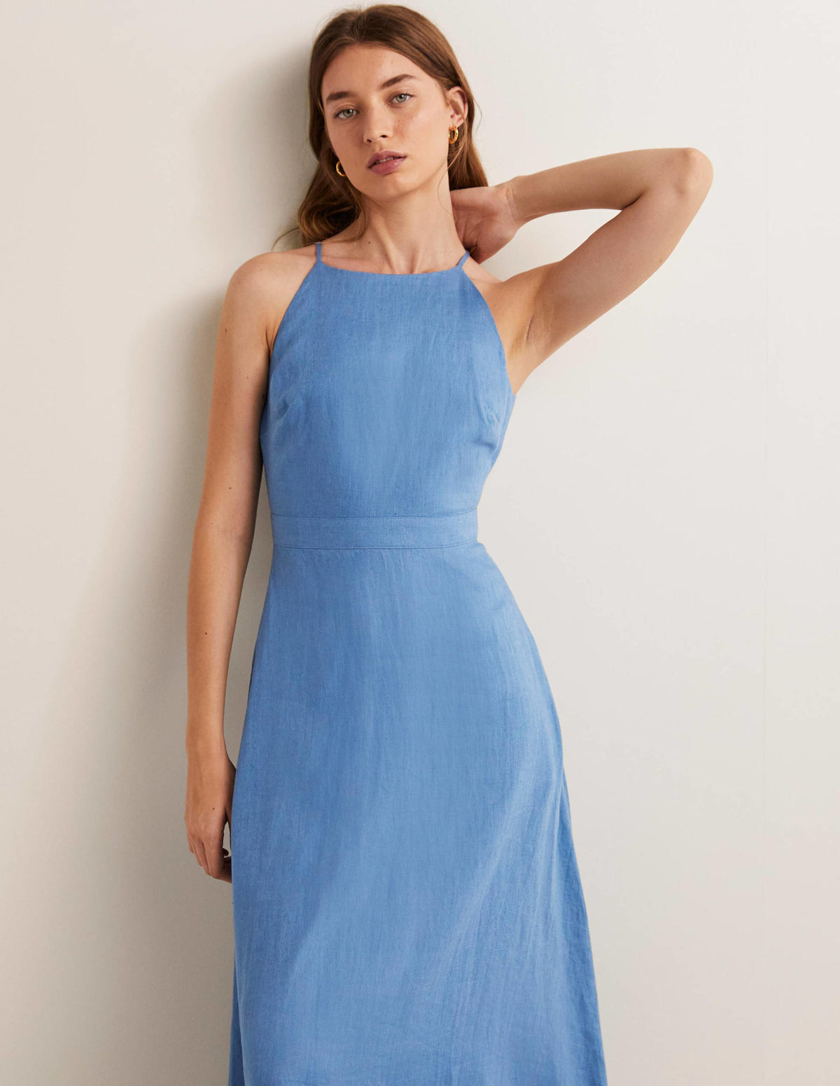 Halterneck Linen Midi Dress-Riviera Blue-4