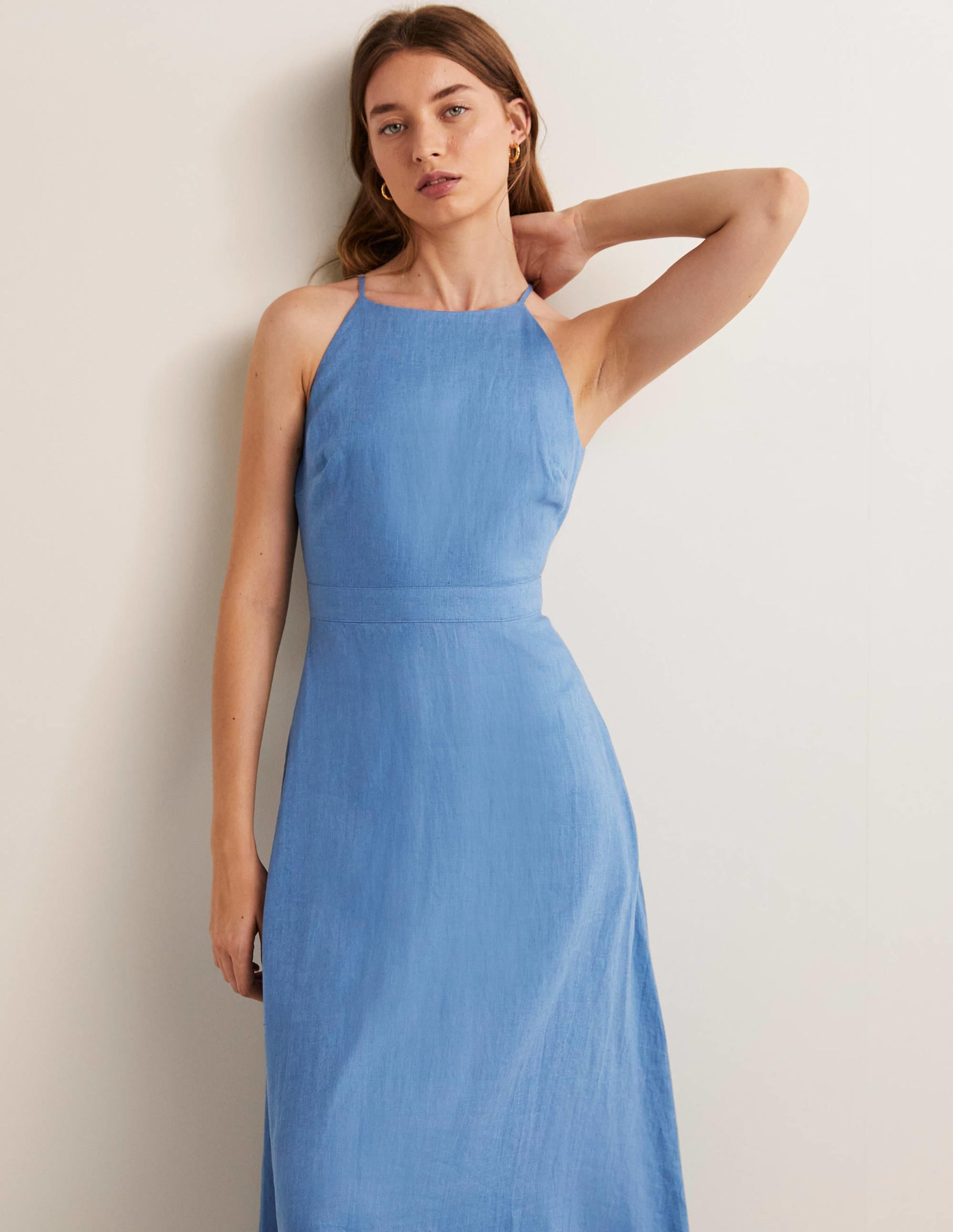 Halterneck Linen Midi Dress-Riviera Blue - Image 4