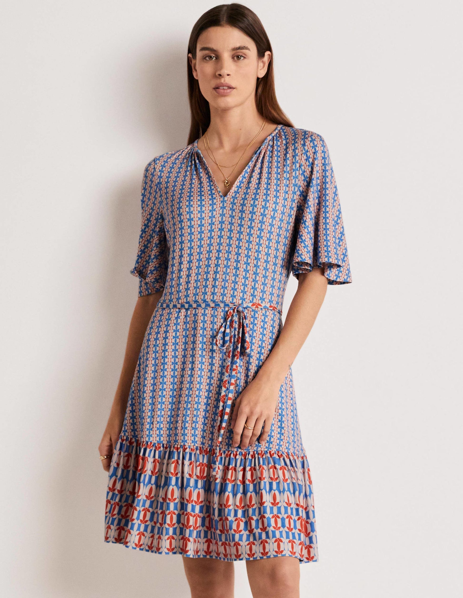 Notch Neck Tiered Jersey Dress-Mosaic Blue, Petal Geo-6