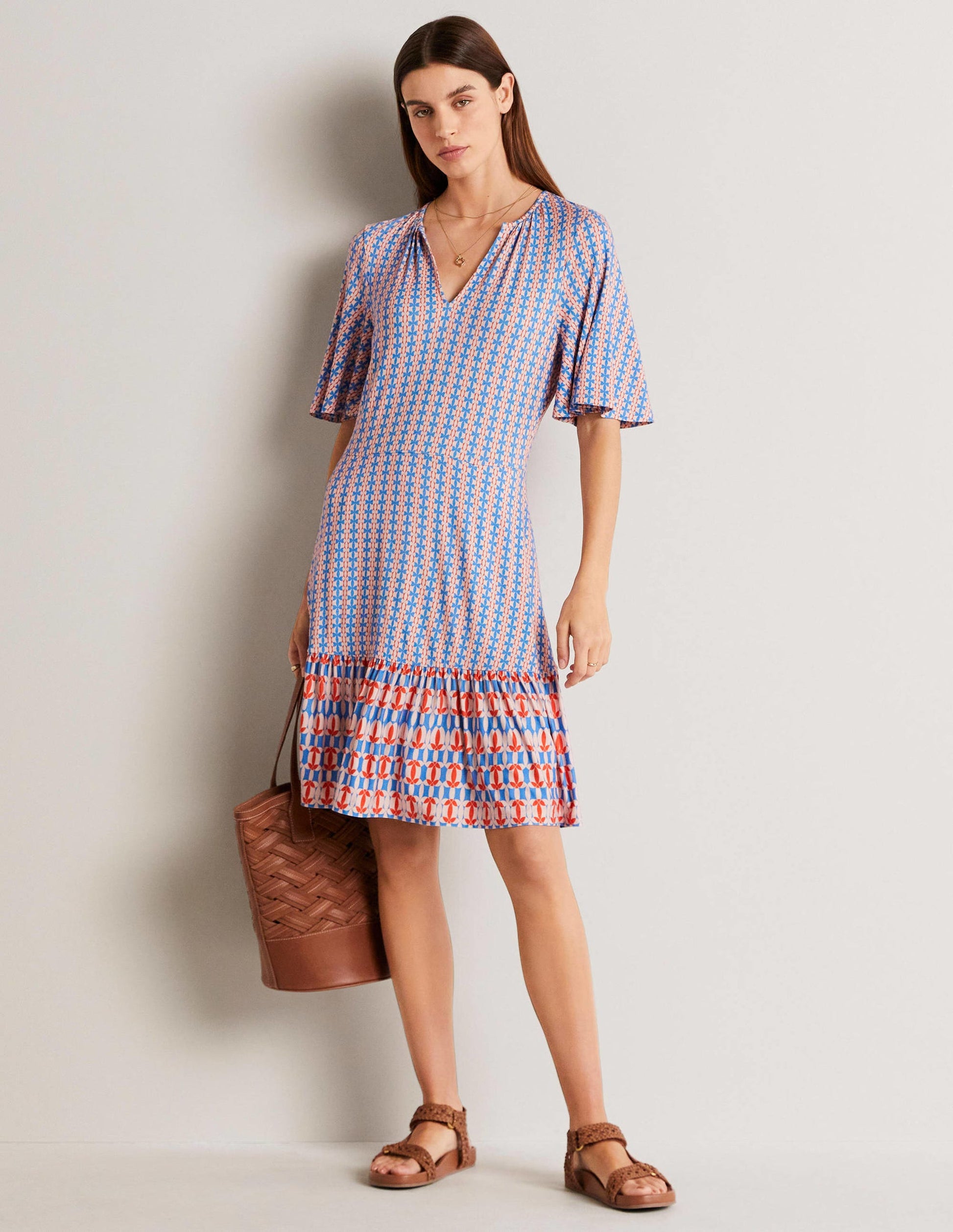 Notch Neck Tiered Jersey Dress-Mosaic Blue, Petal Geo-10