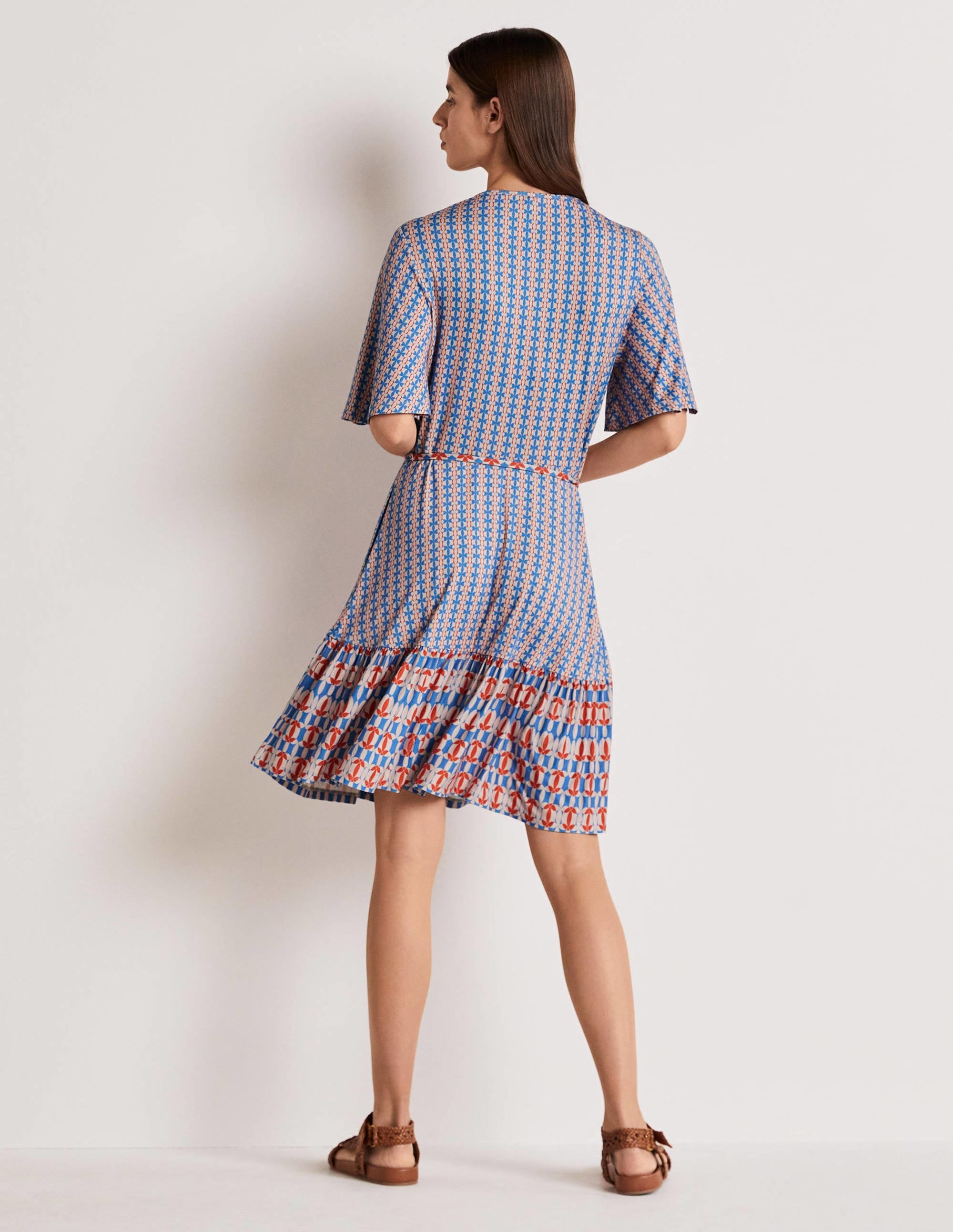 Notch Neck Tiered Jersey Dress-Mosaic Blue, Petal Geo - Image 3
