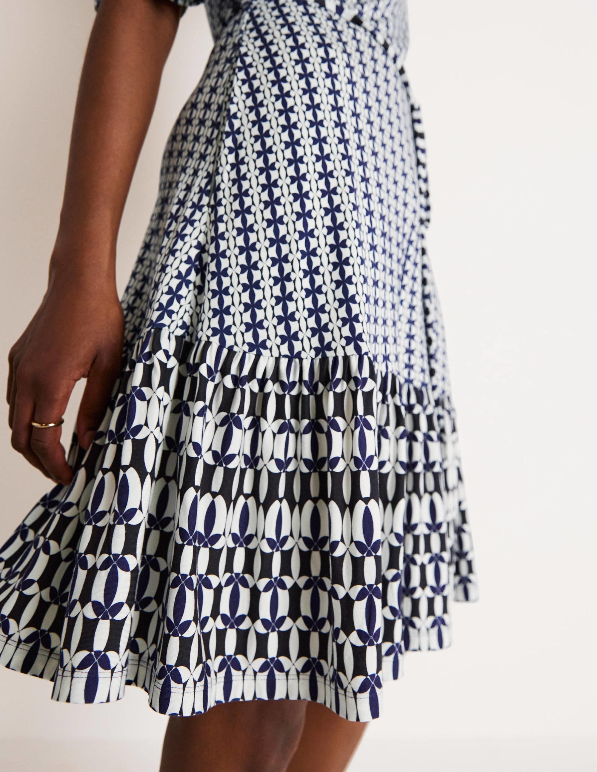 Notch Neck Tiered Jersey Dress-French Navy, Petal Geo - Image 6
