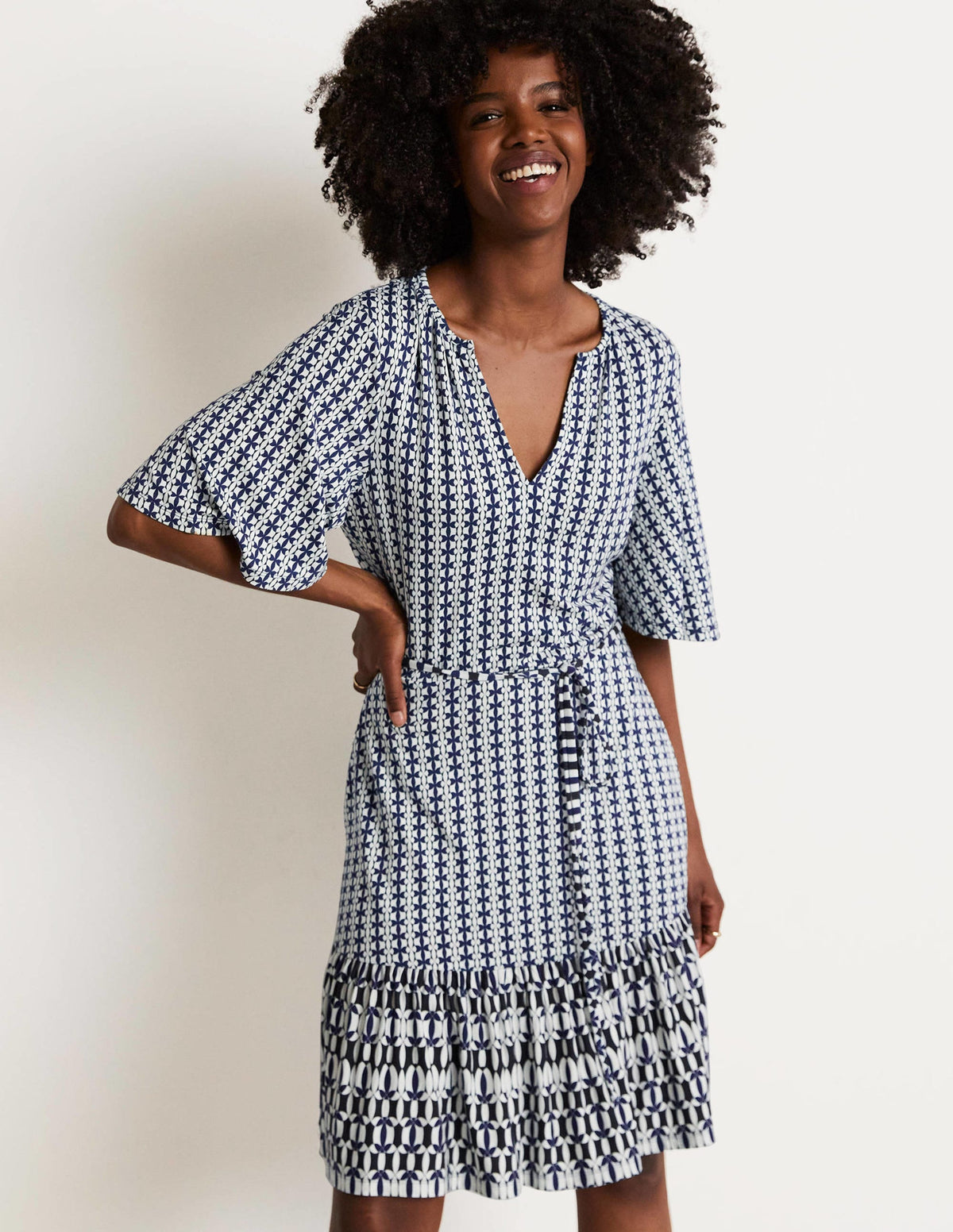 Notch Neck Tiered Jersey Dress-French Navy, Petal Geo - Image 8