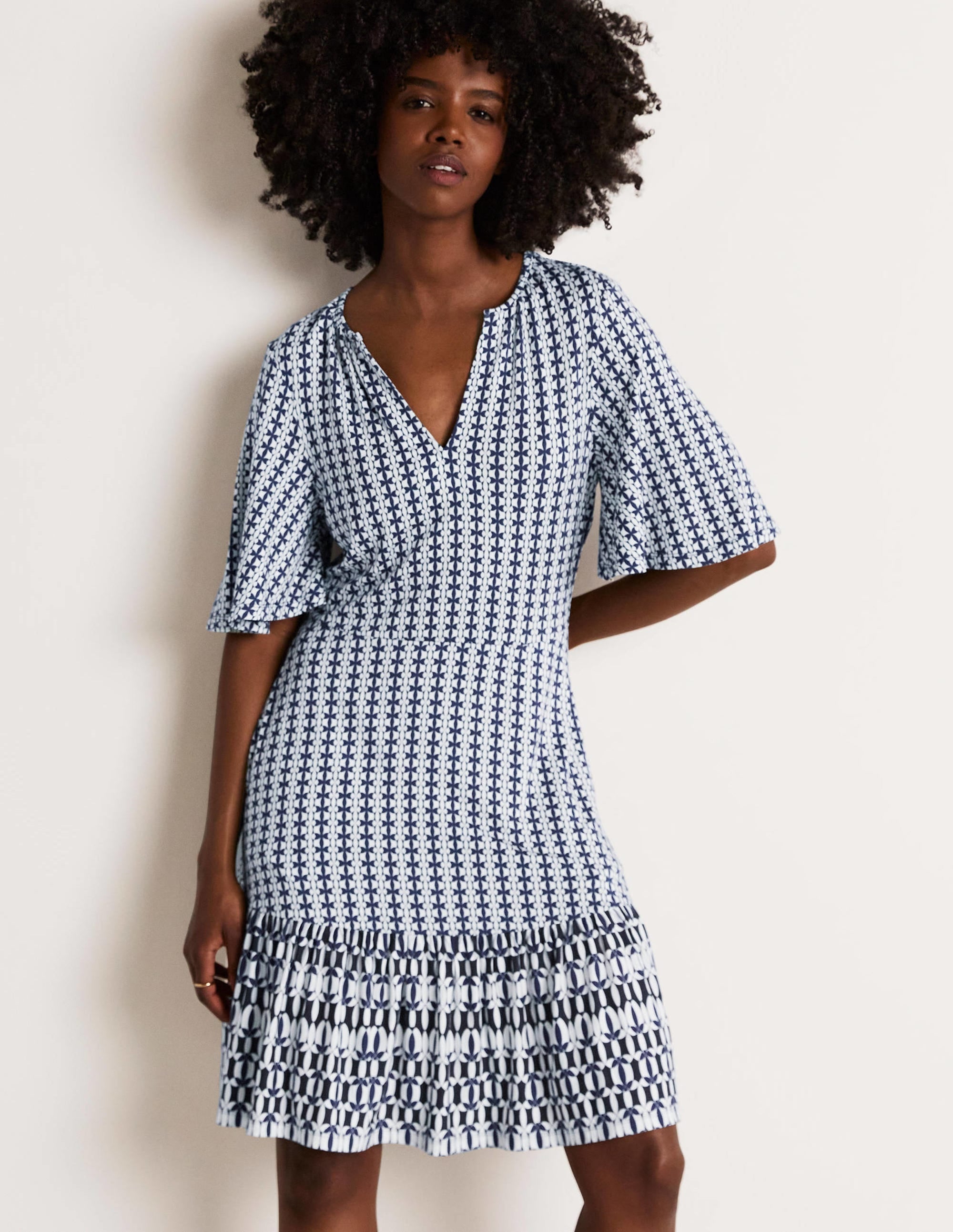 Notch Neck Tiered Jersey Dress-French Navy, Petal Geo - Image 1