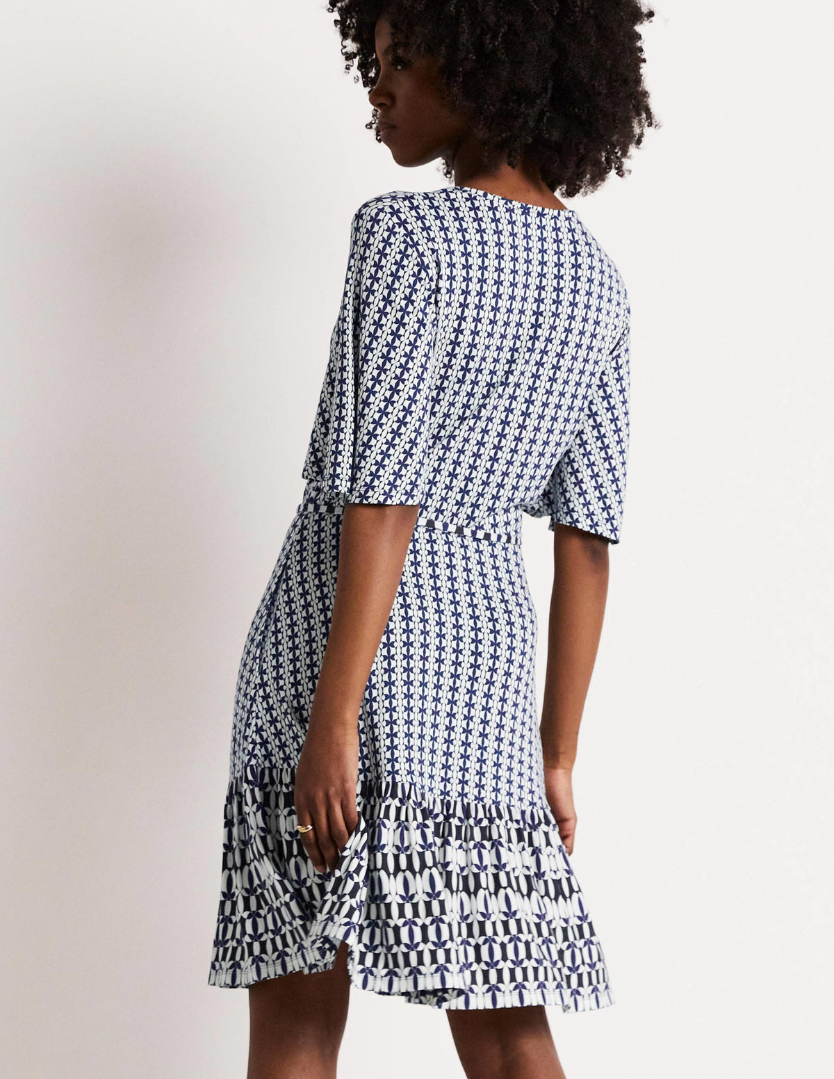 Notch Neck Tiered Jersey Dress-French Navy, Petal Geo - Image 3