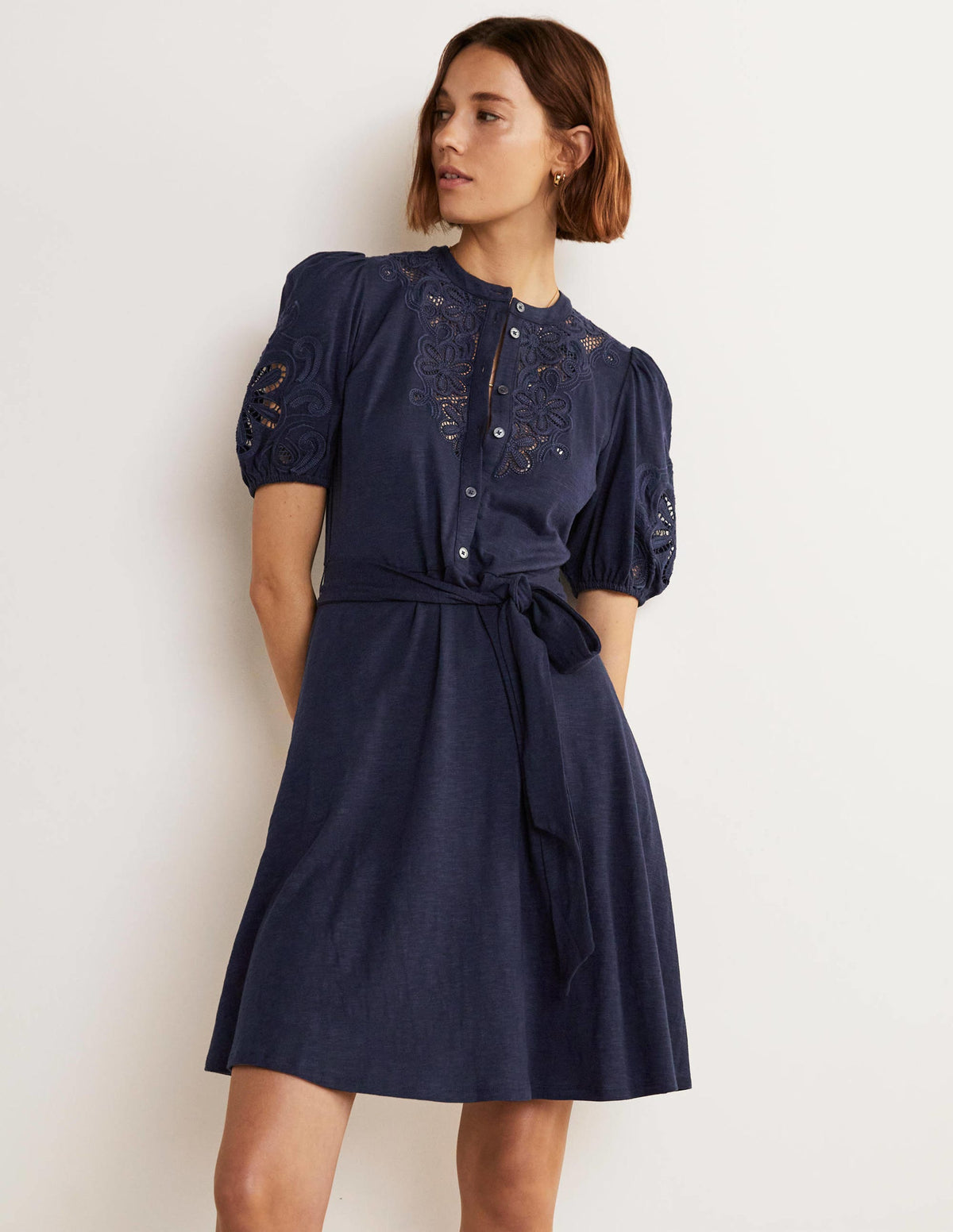 Embroidered Jersey Shirt Dress-Navy-7