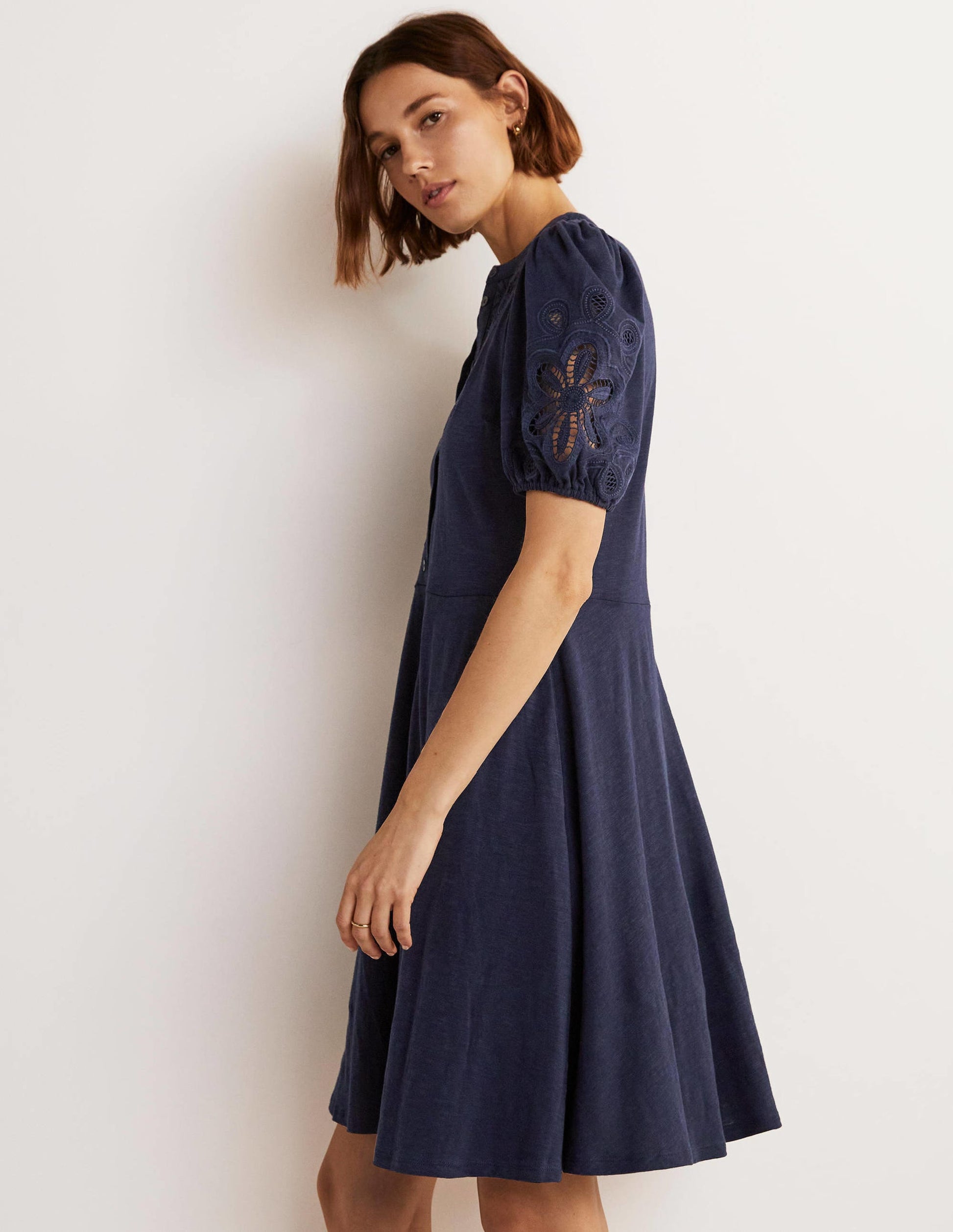 Embroidered Jersey Shirt Dress-Navy-4