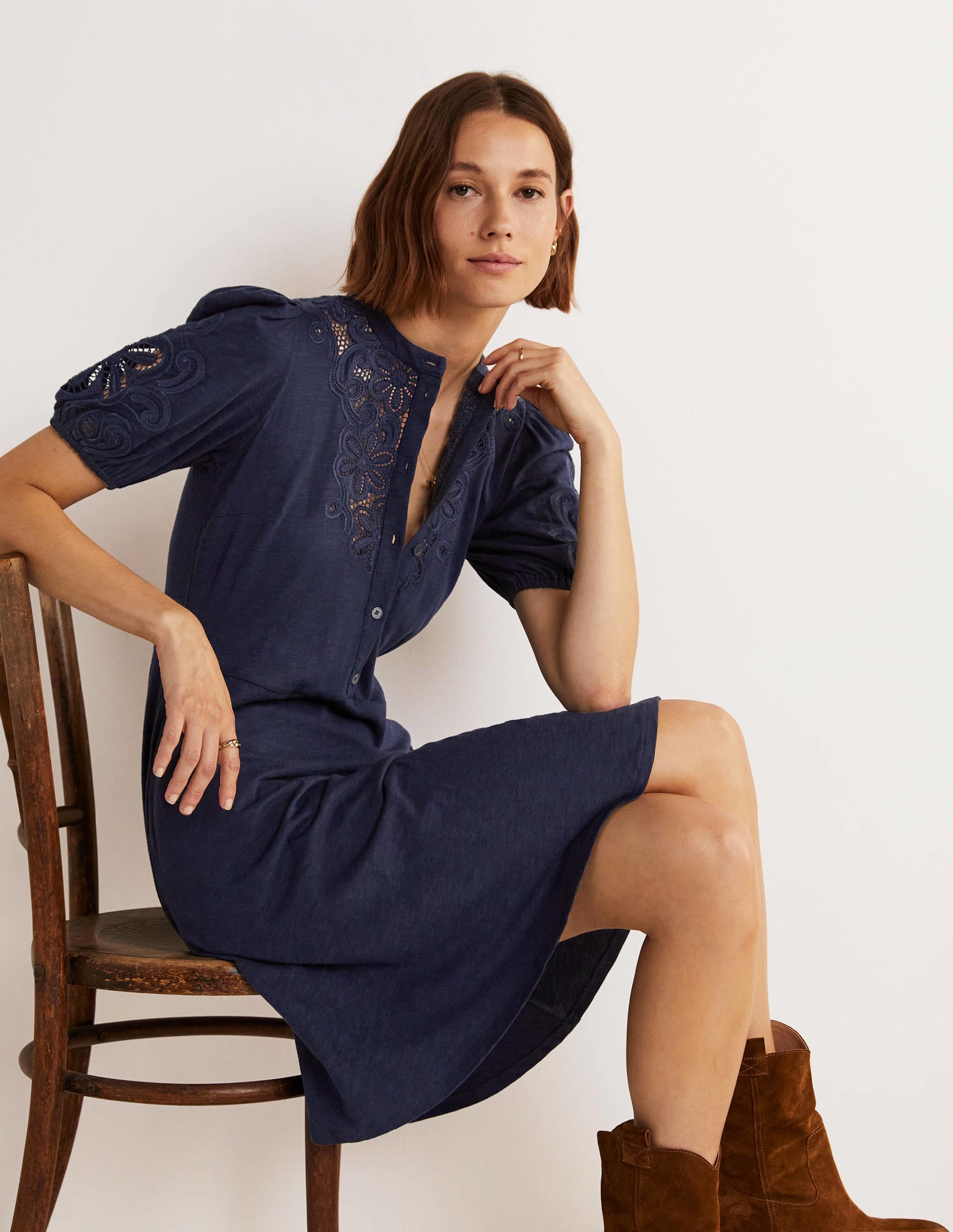 Embroidered Jersey Shirt Dress-Navy - Image 5