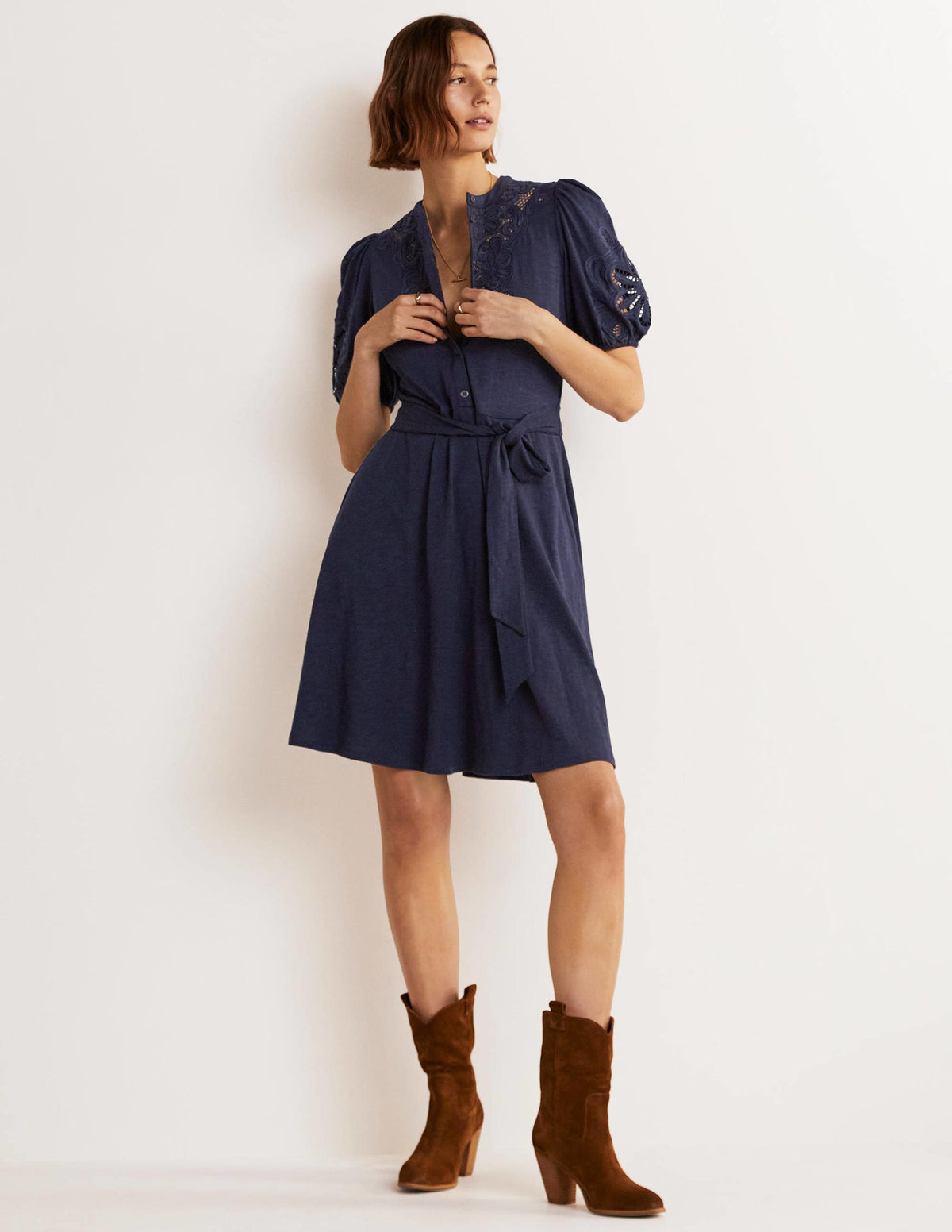 Embroidered Jersey Shirt Dress-Navy - Image 6