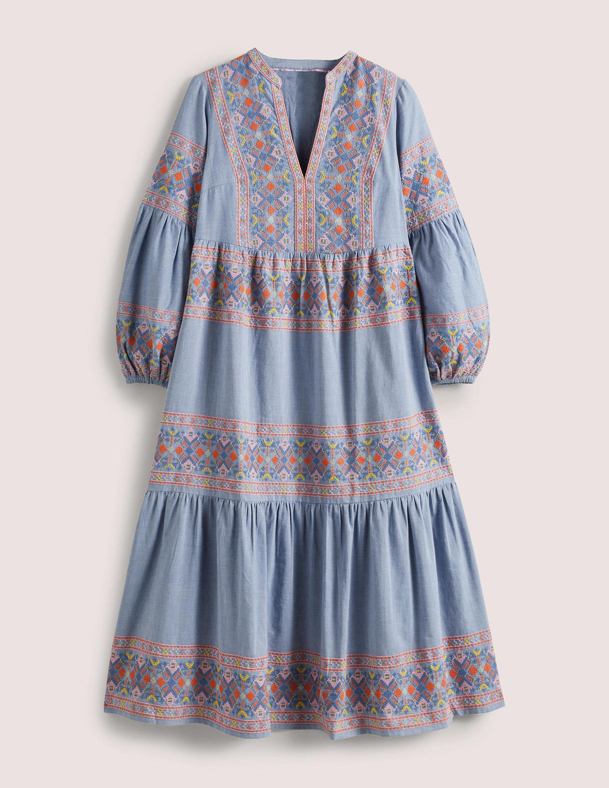 Tiered Embroidered Maxi Dress-Light Chambray - Image 10