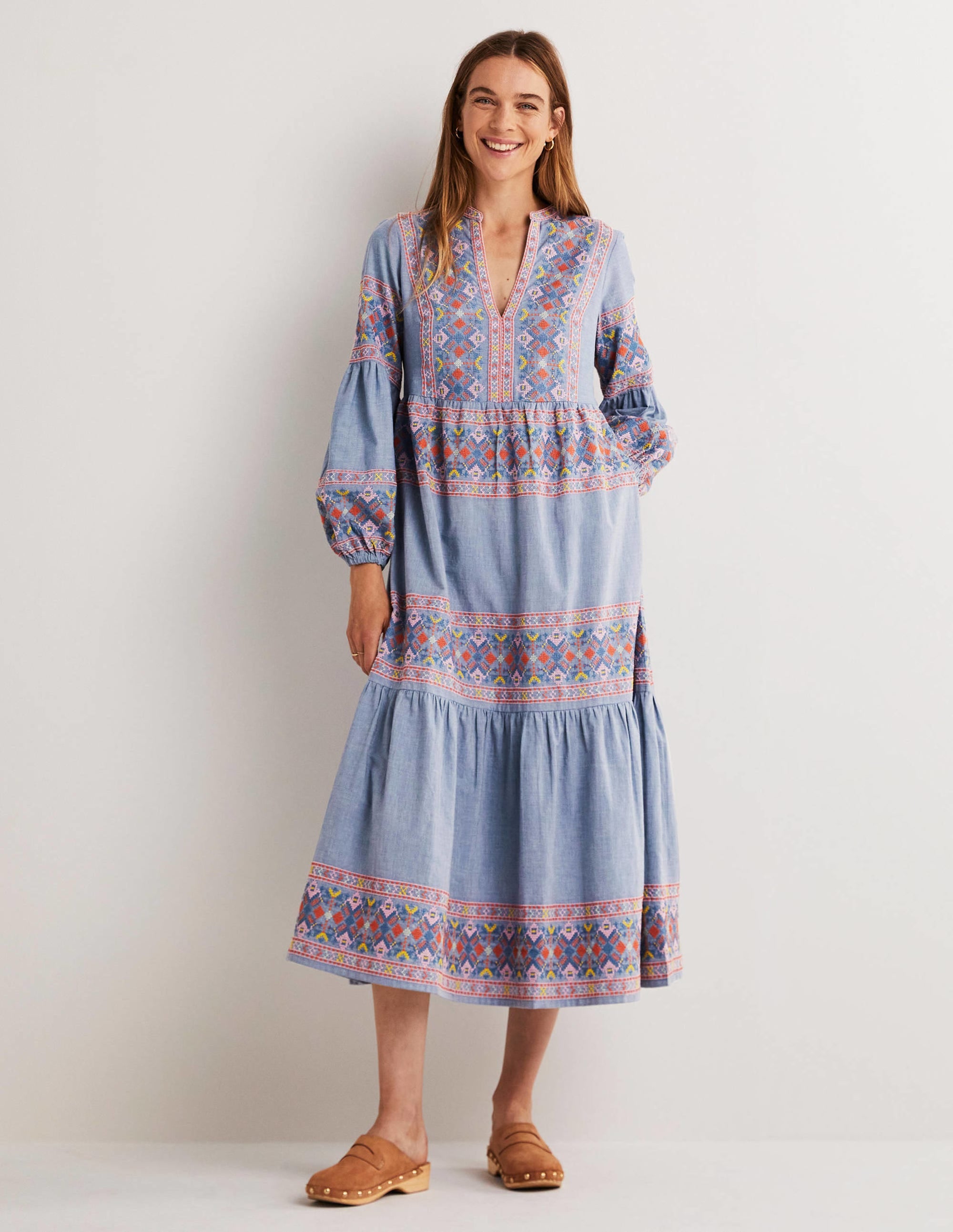 Tiered Embroidered Maxi Dress-Light Chambray - Image 1