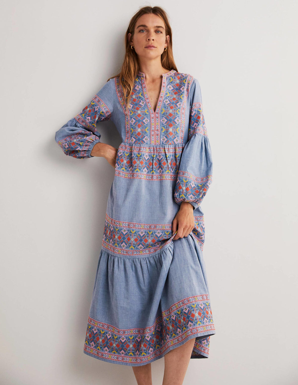 Tiered Embroidered Maxi Dress-Light Chambray-4