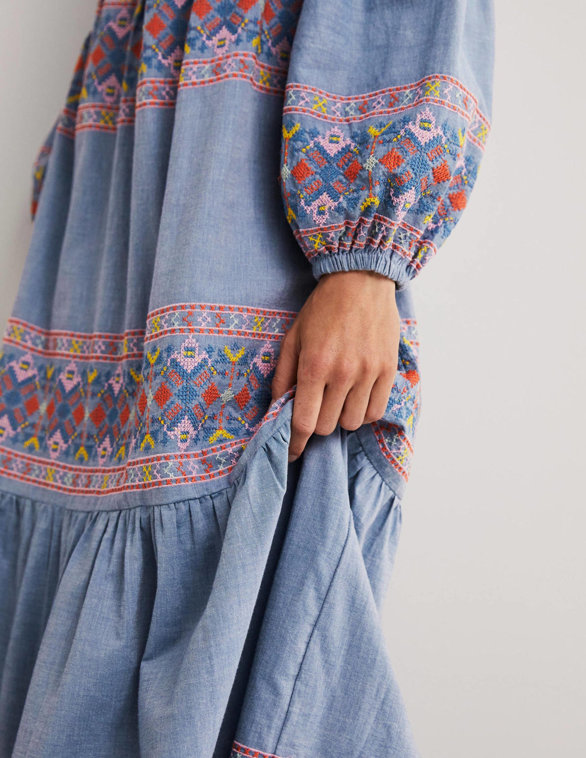 Tiered Embroidered Maxi Dress-Light Chambray - Image 5