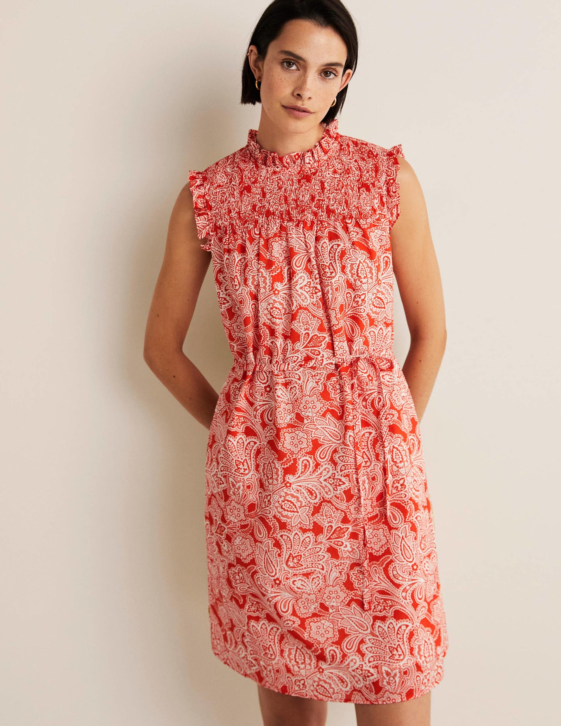 Sleeveless Smocked Mini Dress-Firecracker, Paisley Bud-8