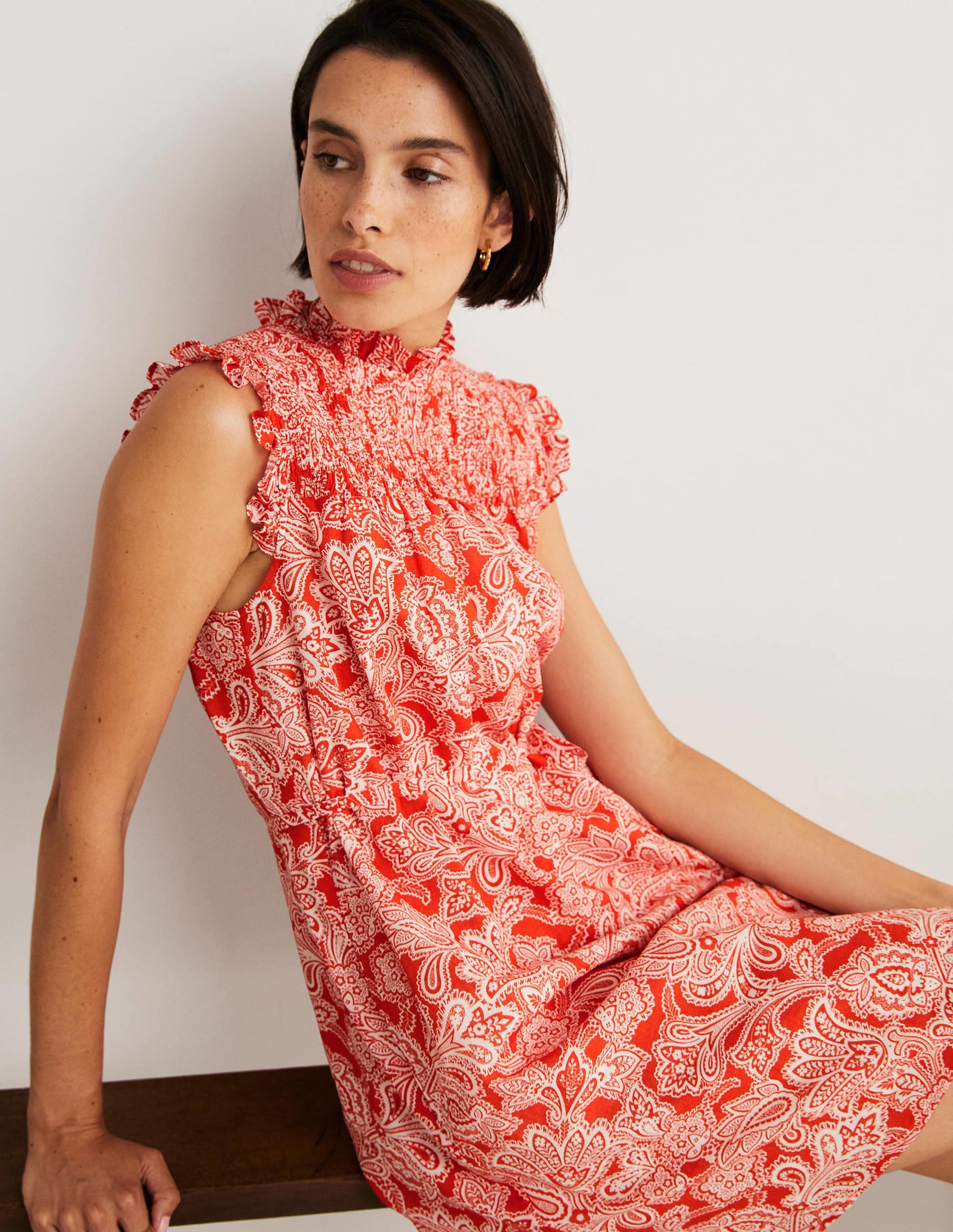 Sleeveless Smocked Mini Dress-Firecracker, Paisley Bud-9