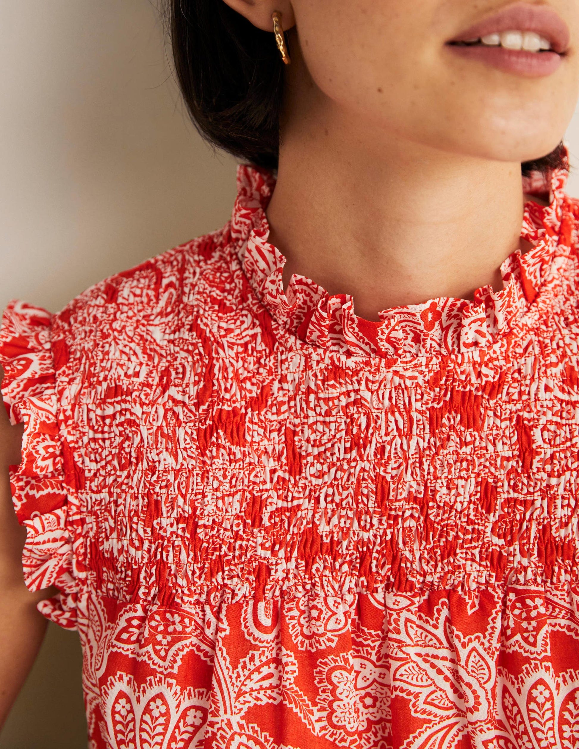 Sleeveless Smocked Mini Dress-Firecracker, Paisley Bud-2