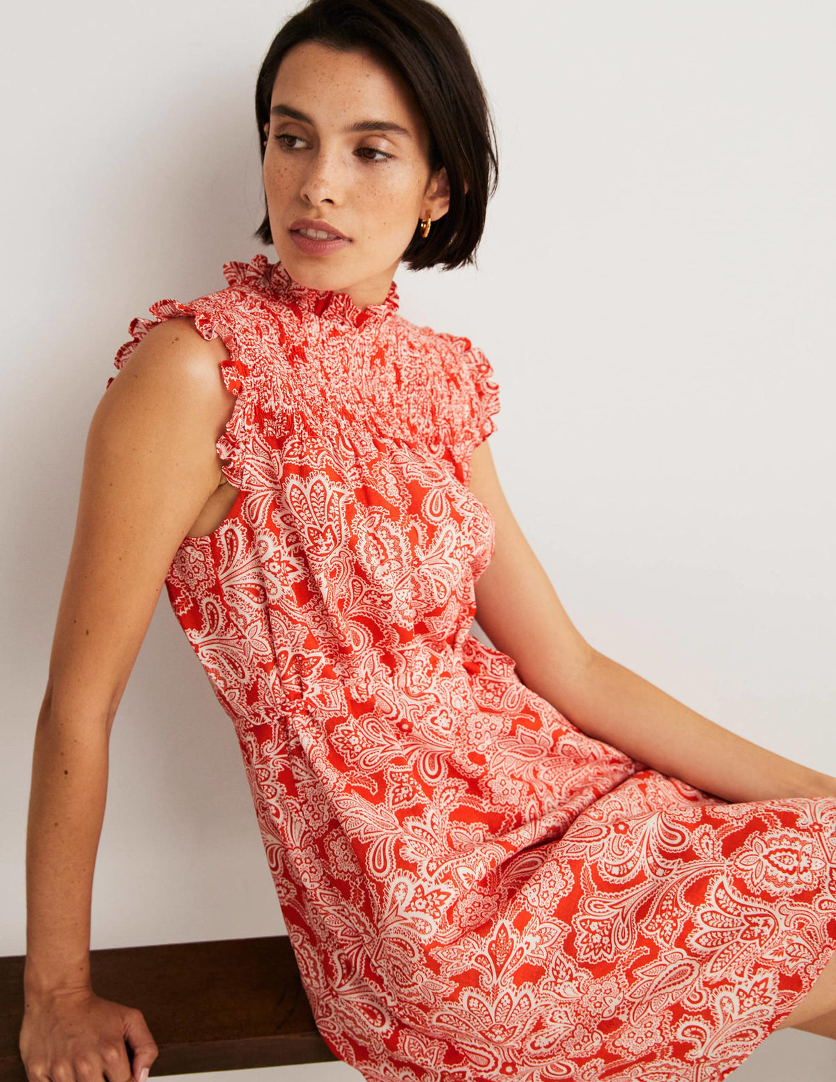 Sleeveless Smocked Mini Dress-Firecracker, Paisley Bud - Image 5