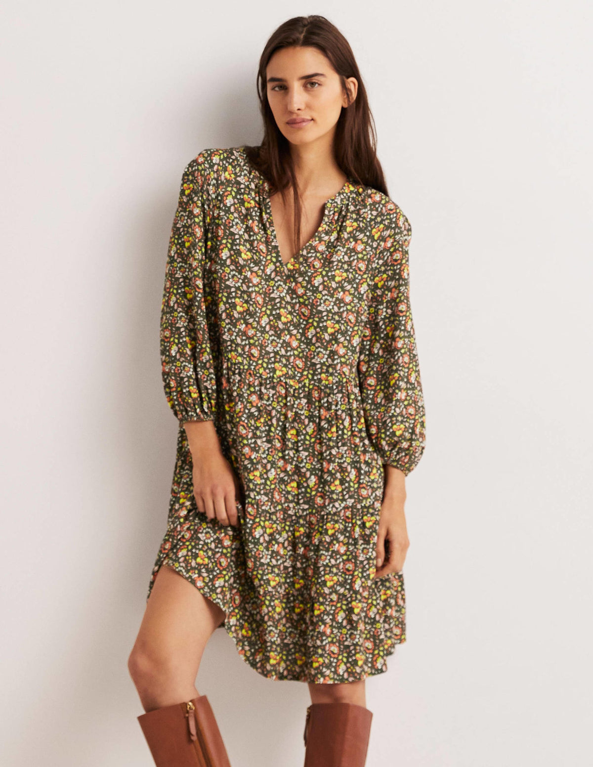 Notch Neck Tiered Dress-Basil, Botanic Meadow - Image 1