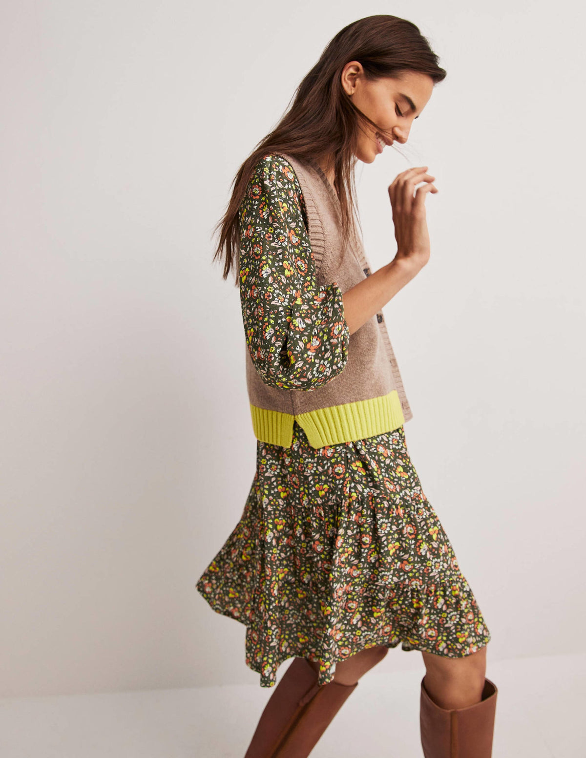 Notch Neck Tiered Dress-Basil, Botanic Meadow-4