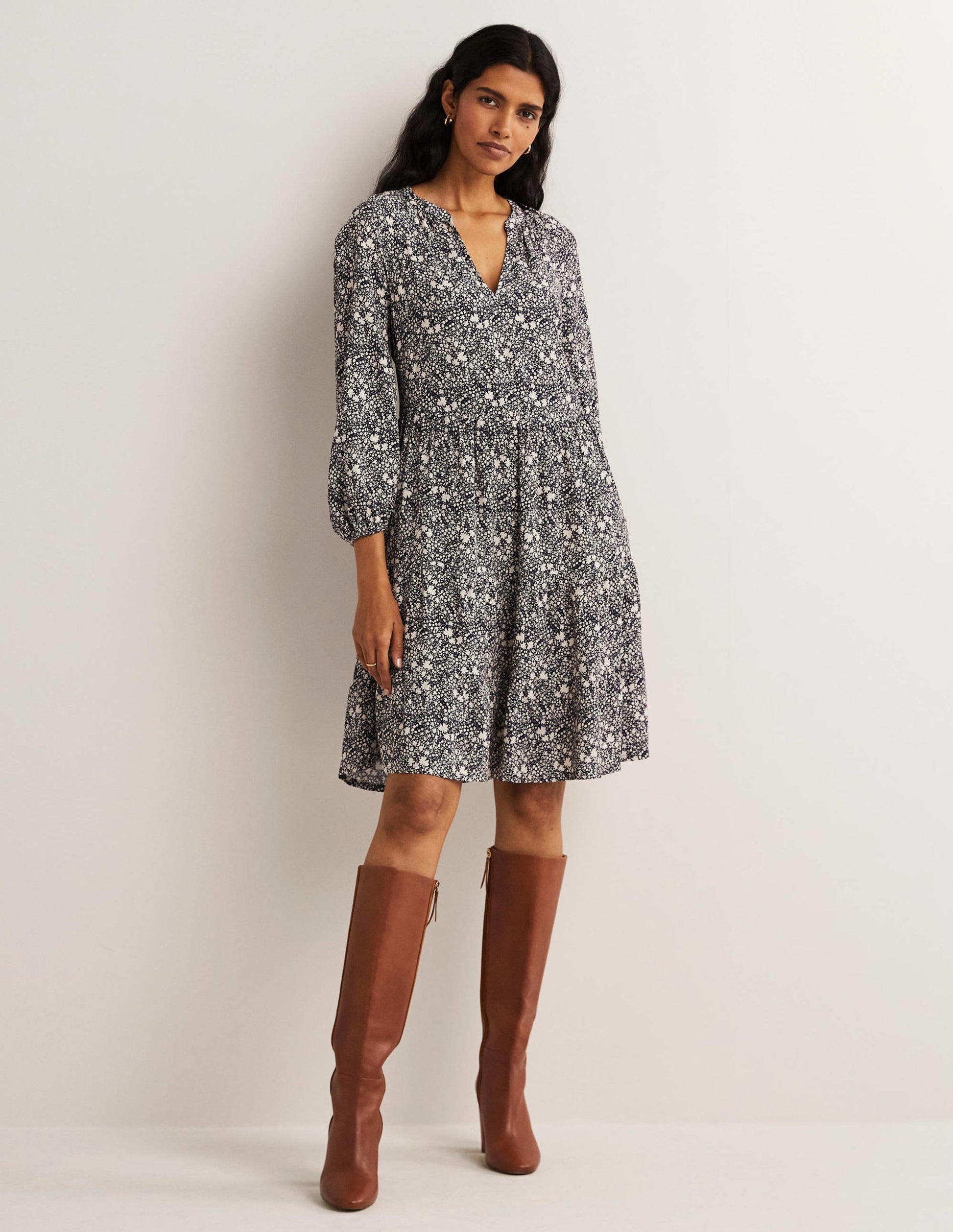 Notch Neck Tiered Dress-Navy, Abstract Ditsy-1