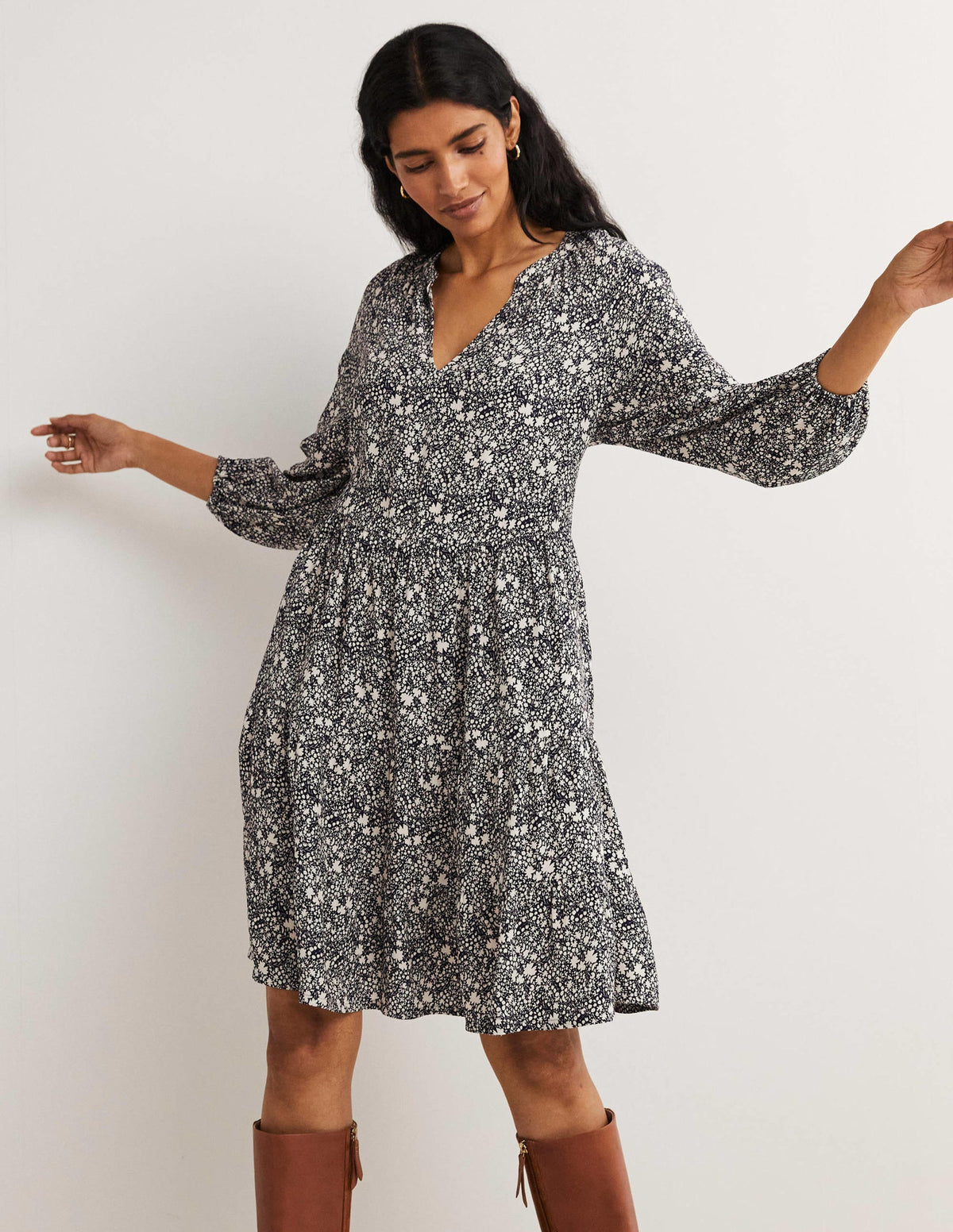 Notch Neck Tiered Dress-Navy, Abstract Ditsy-4