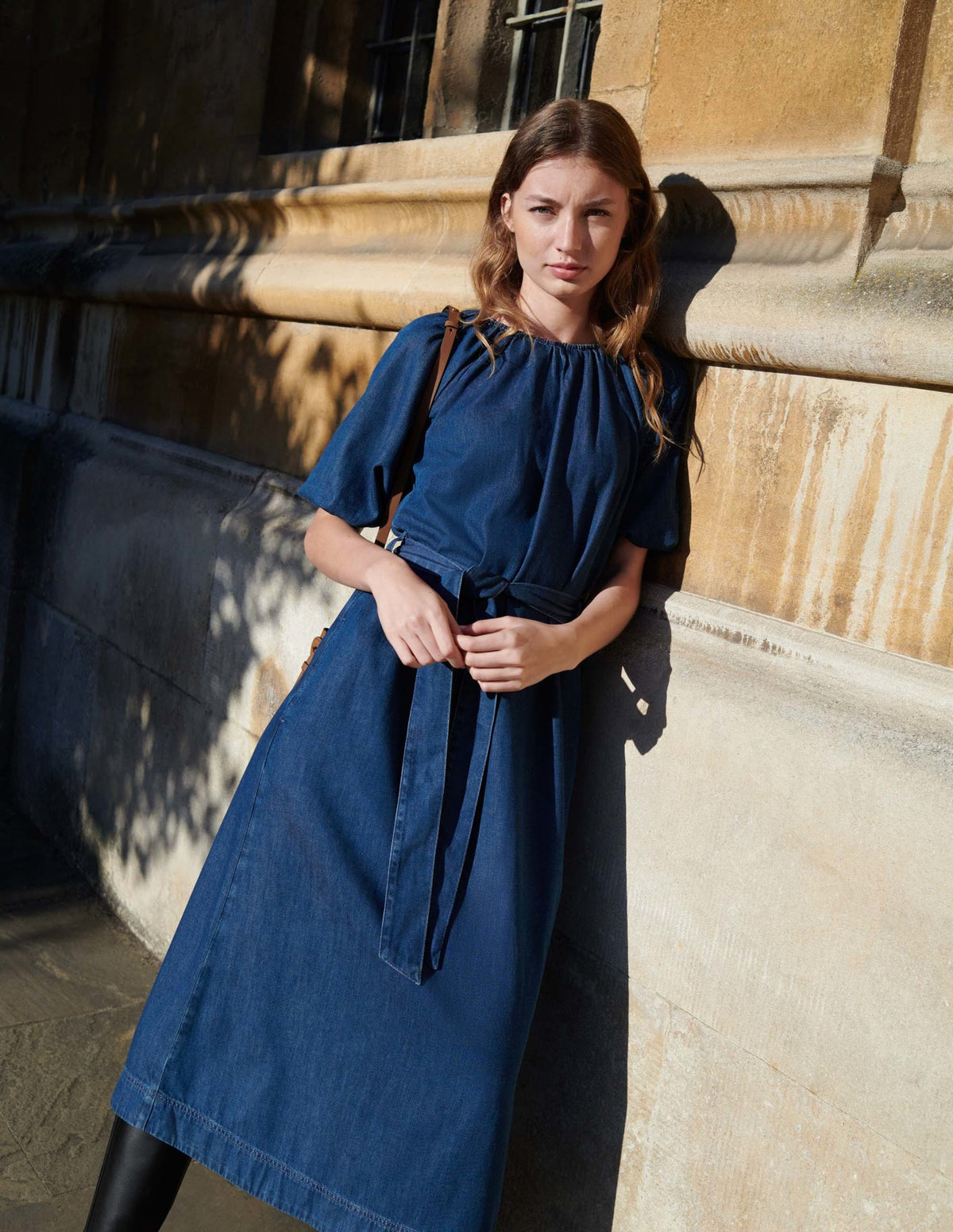 Puff Sleeve Column Midi Dress-Mid Denim-9