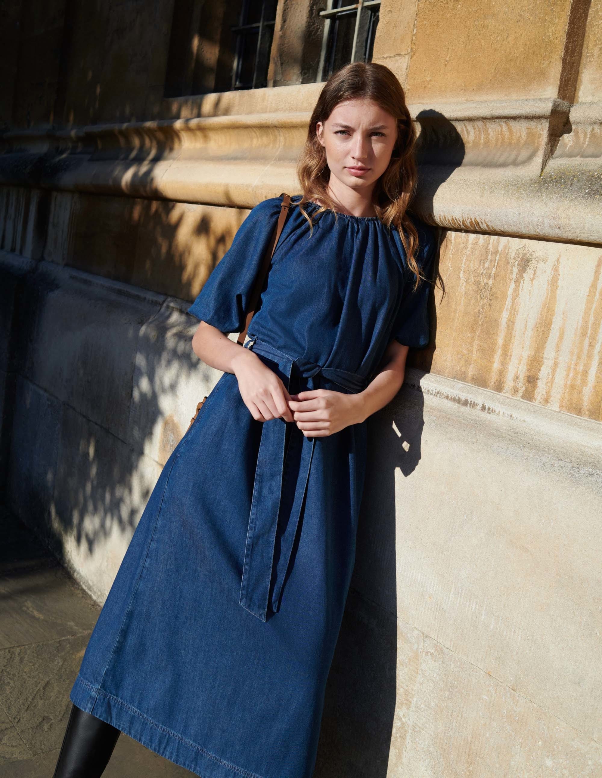 Puff Sleeve Column Midi Dress-Mid Denim - Image 9