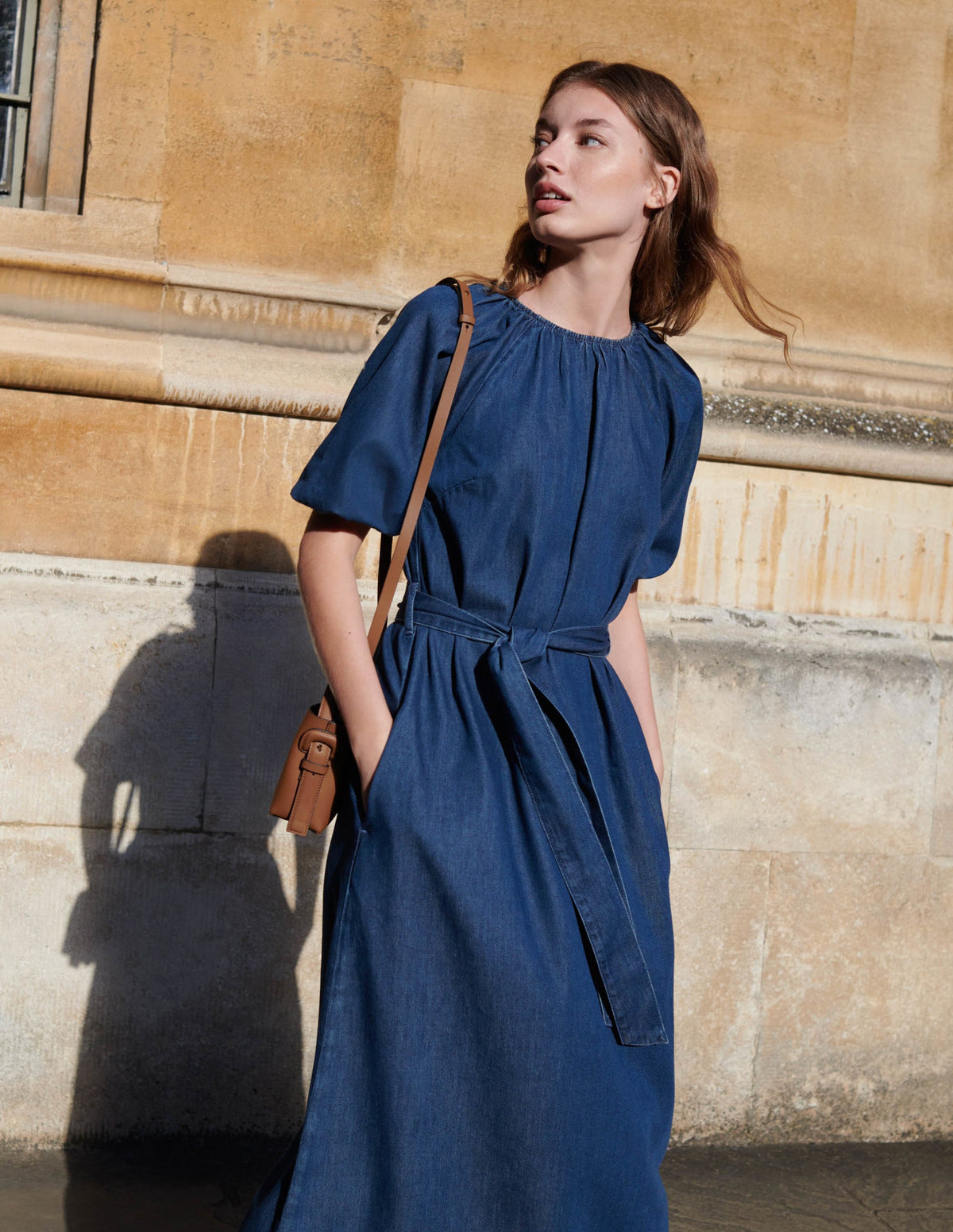 Puff Sleeve Column Midi Dress-Mid Denim - Image 10