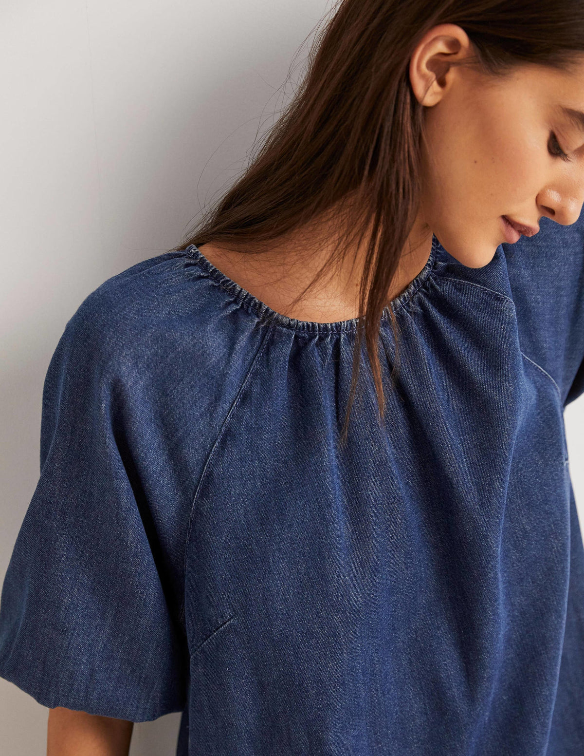 Puff Sleeve Column Midi Dress-Mid Denim-2