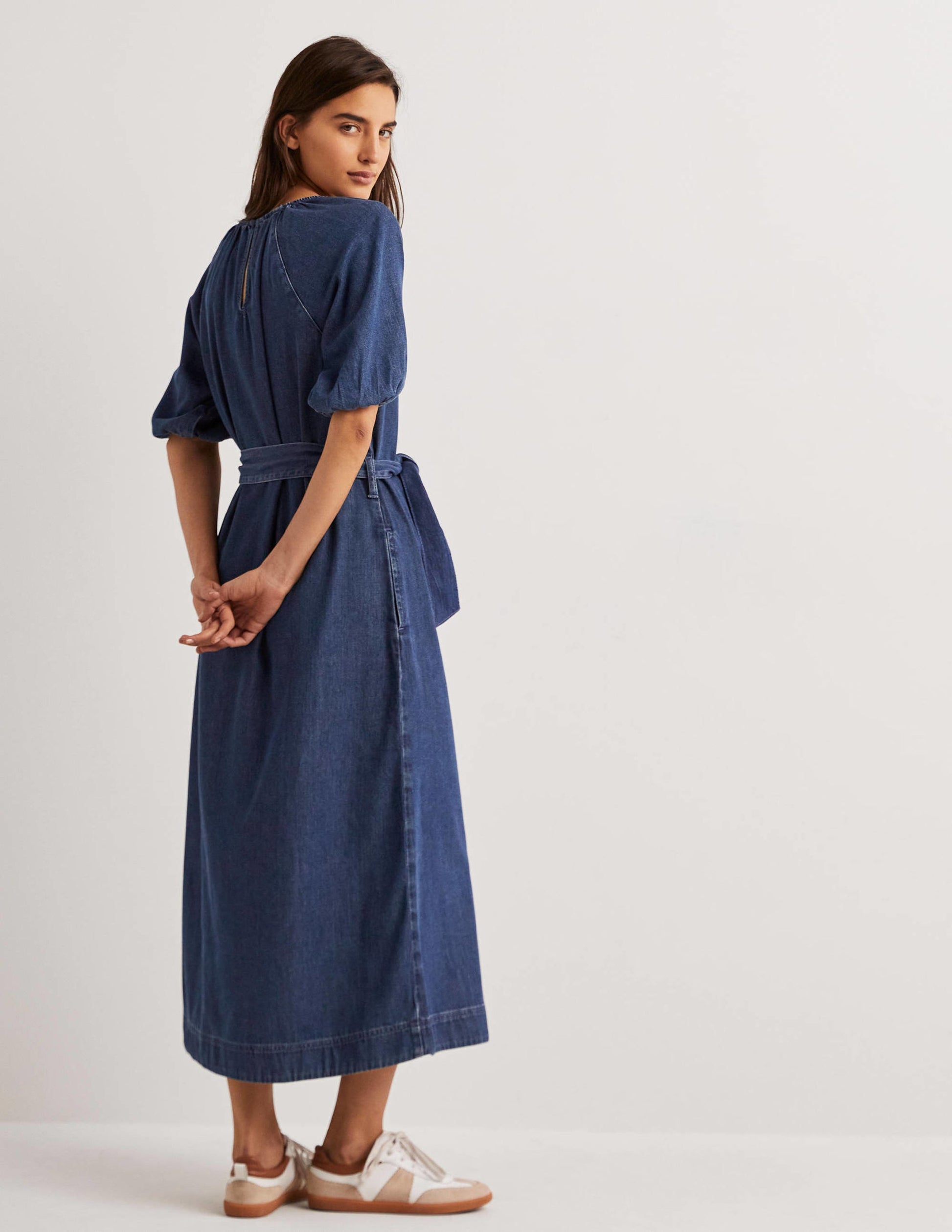 Puff Sleeve Column Midi Dress-Mid Denim-3