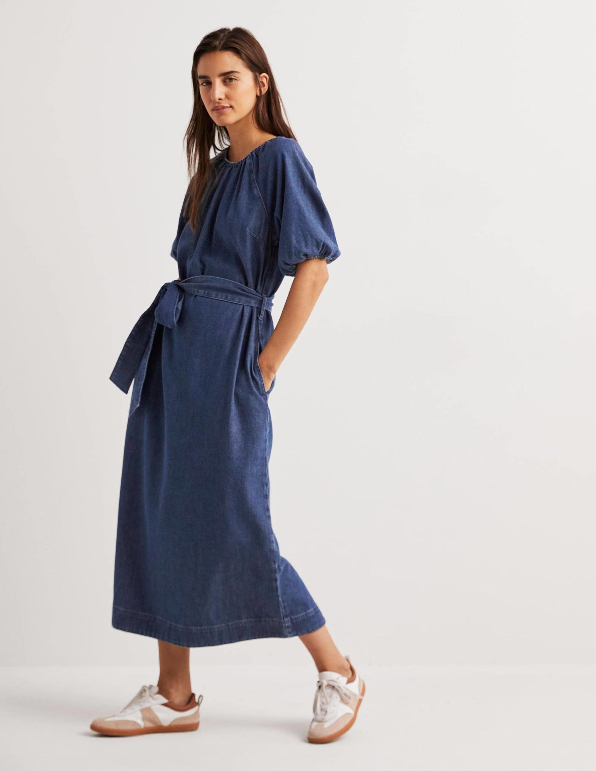 Puff Sleeve Column Midi Dress-Mid Denim-4