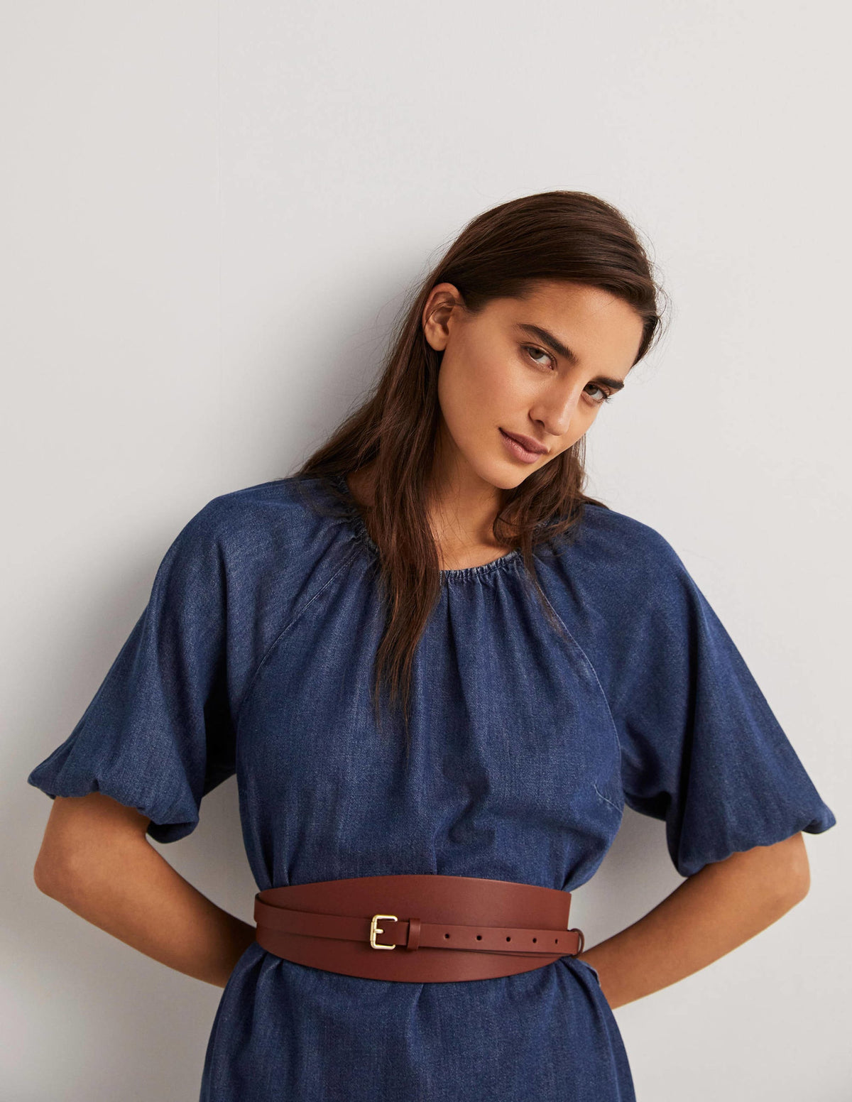 Puff Sleeve Column Midi Dress-Mid Denim-5