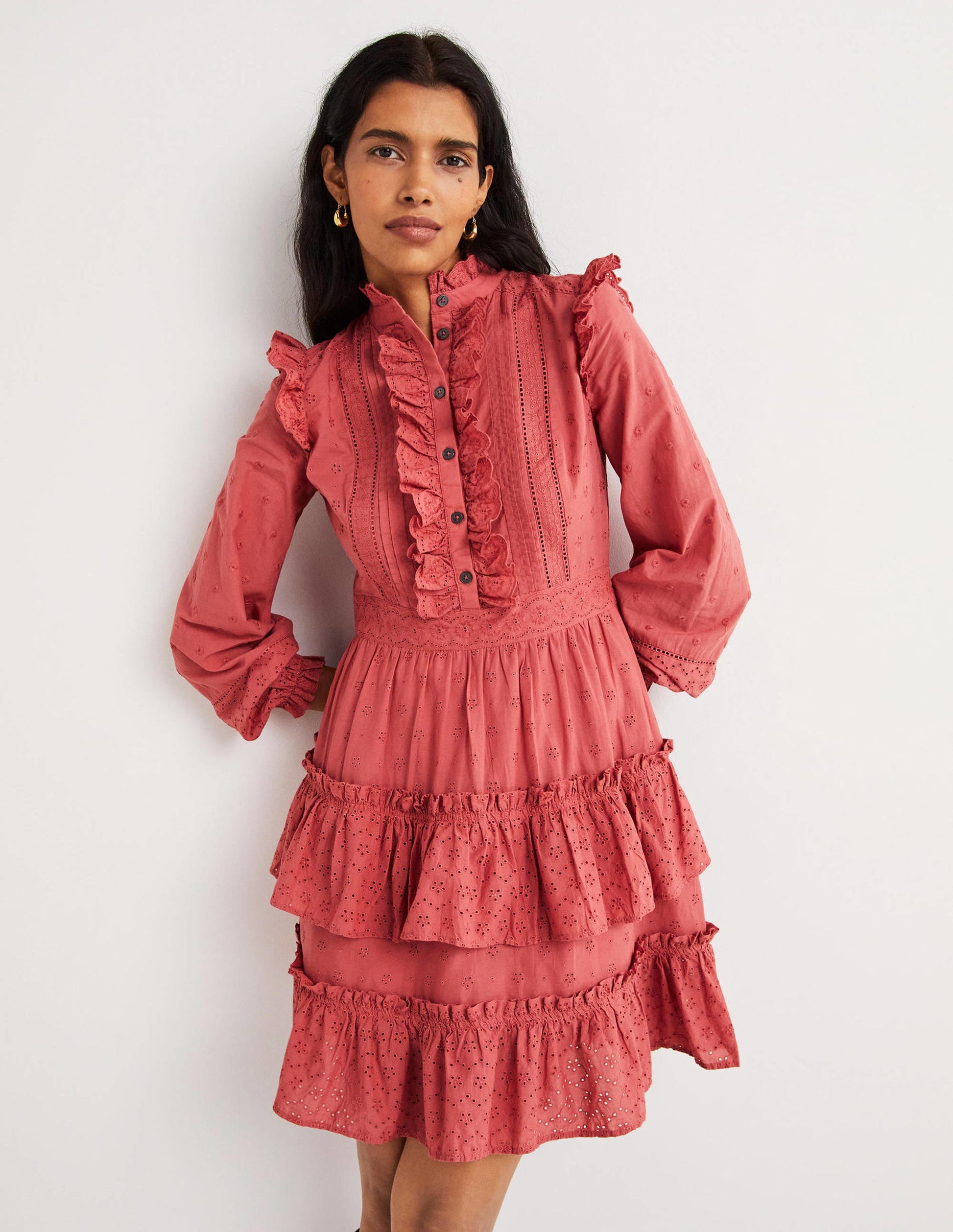Mixed Broderie Shirt Dress-Dusty Red-1