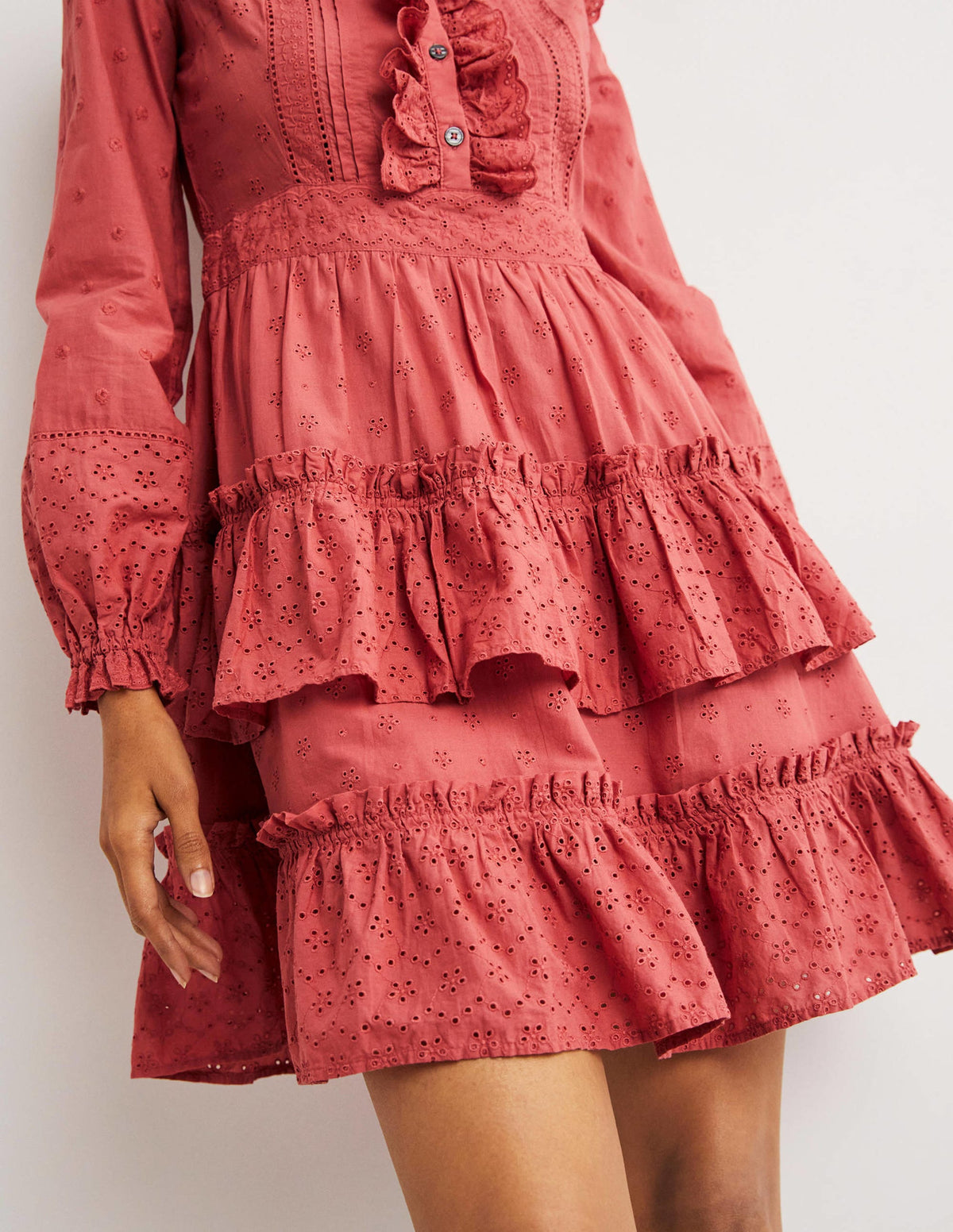 Mixed Broderie Shirt Dress-Dusty Red - Image 2