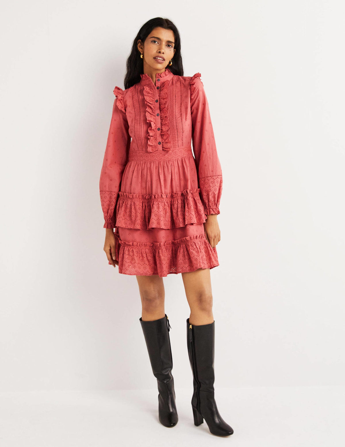 Mixed Broderie Shirt Dress-Dusty Red-4