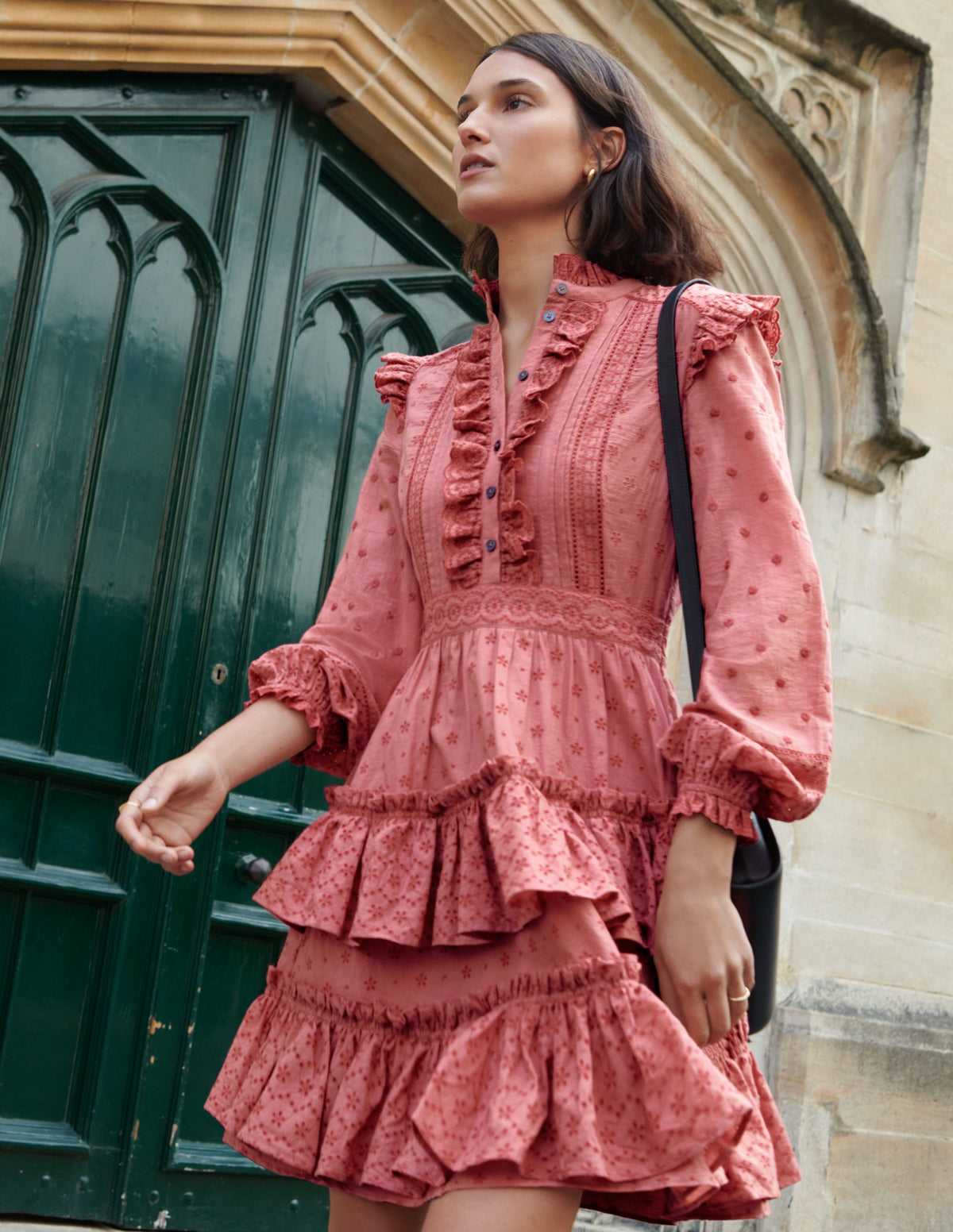 Mixed Broderie Shirt Dress-Dusty Red-5