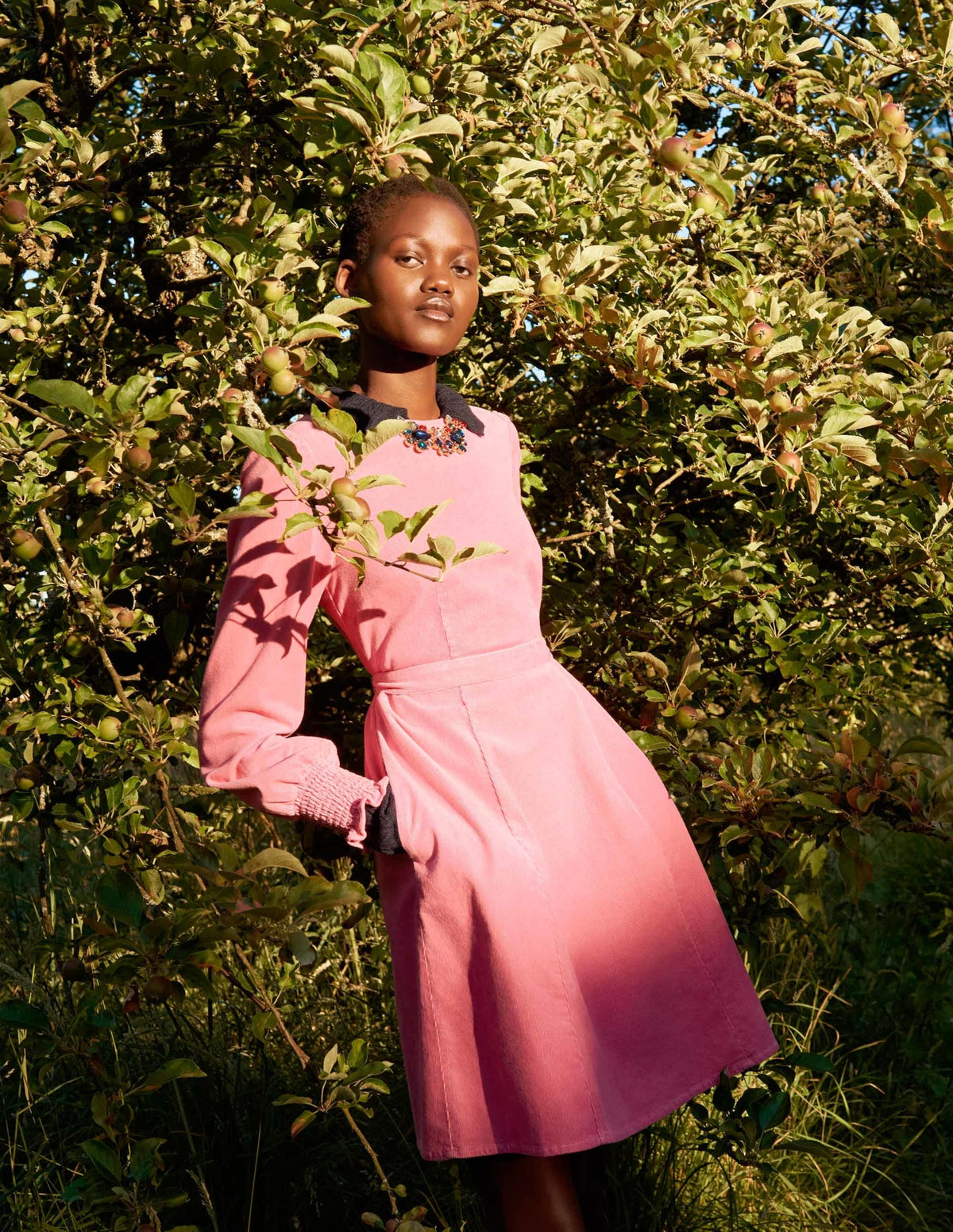 Smocked Cuff Corduroy Dress-Wild Rose-5