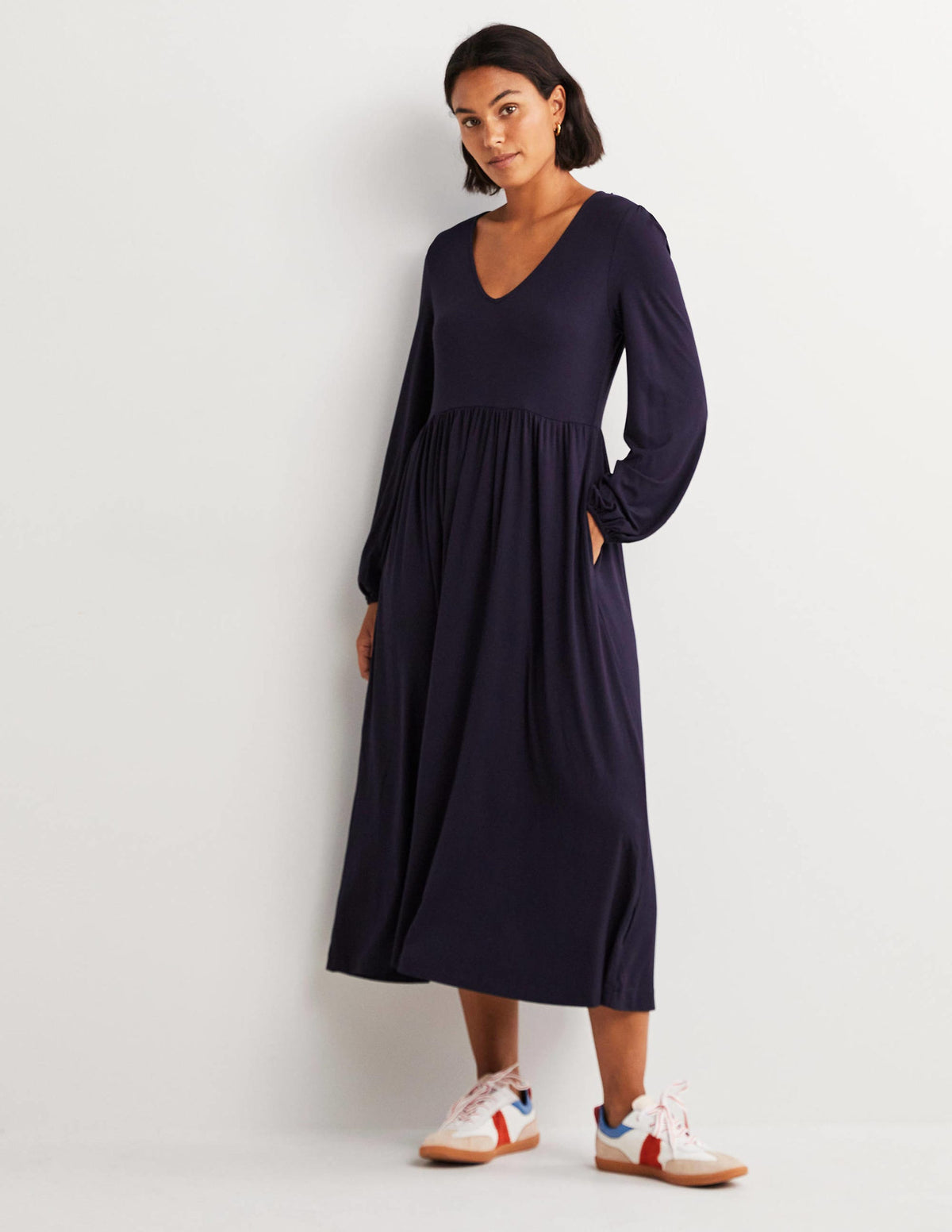 Long Sleeve Jersey Midi Dress-Navy-1
