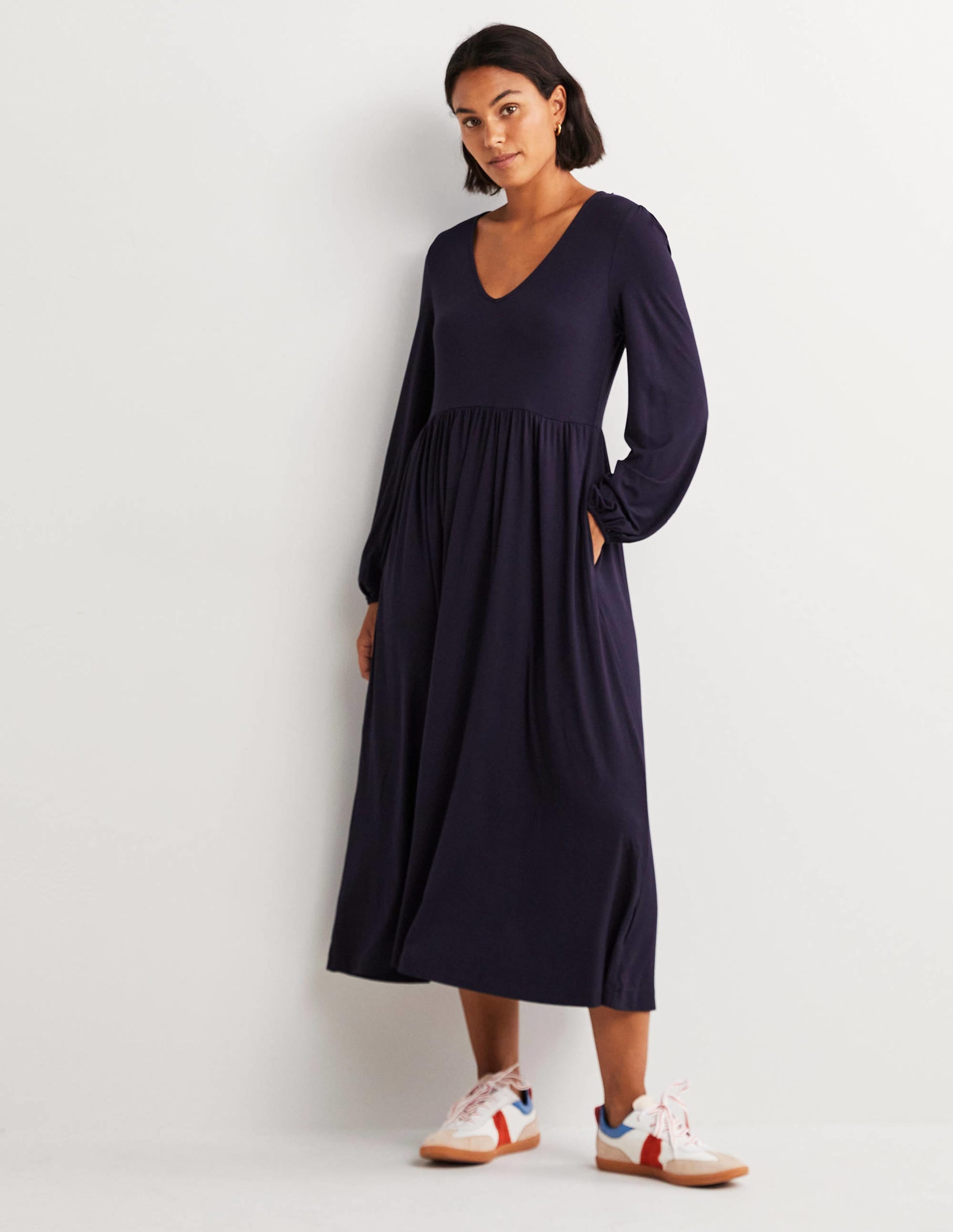 Long Sleeve Jersey Midi Dress-Navy - Image 1