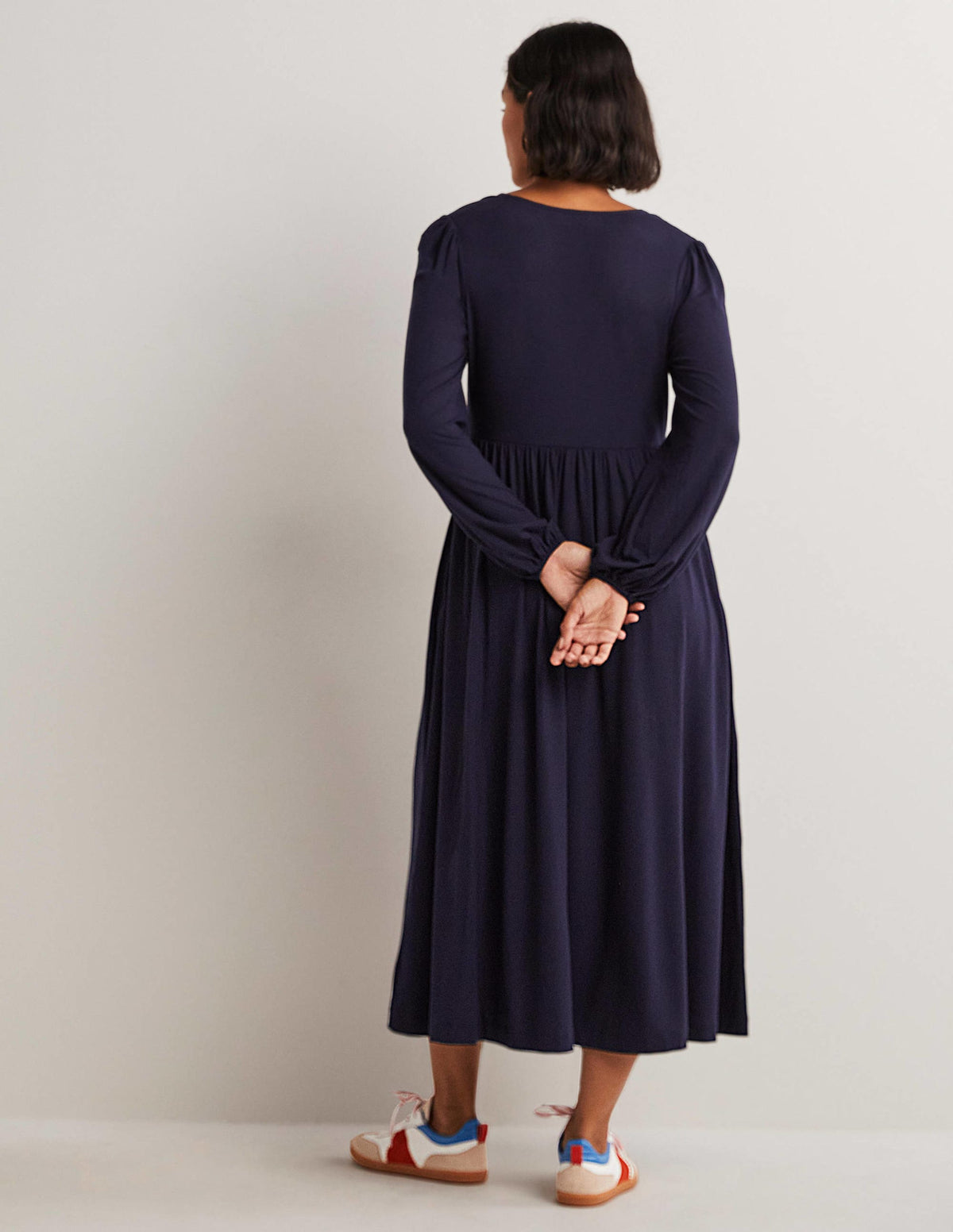 Long Sleeve Jersey Midi Dress-Navy - Image 3