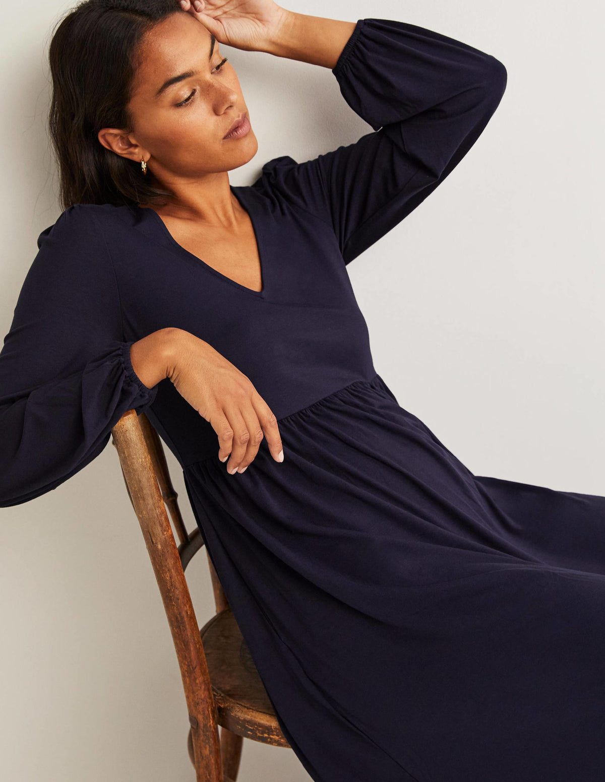 Long Sleeve Jersey Midi Dress-Navy - Image 4