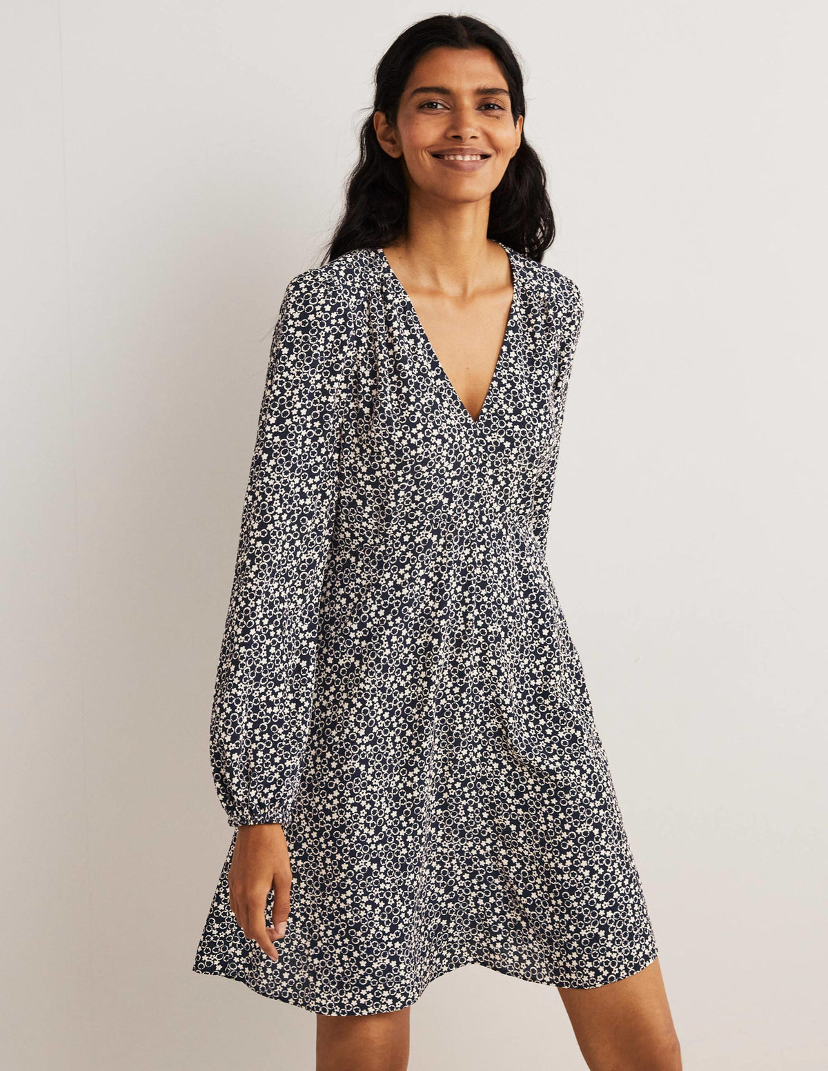 V-Neck Tea Dress-French Navy, Floral Pebble-1